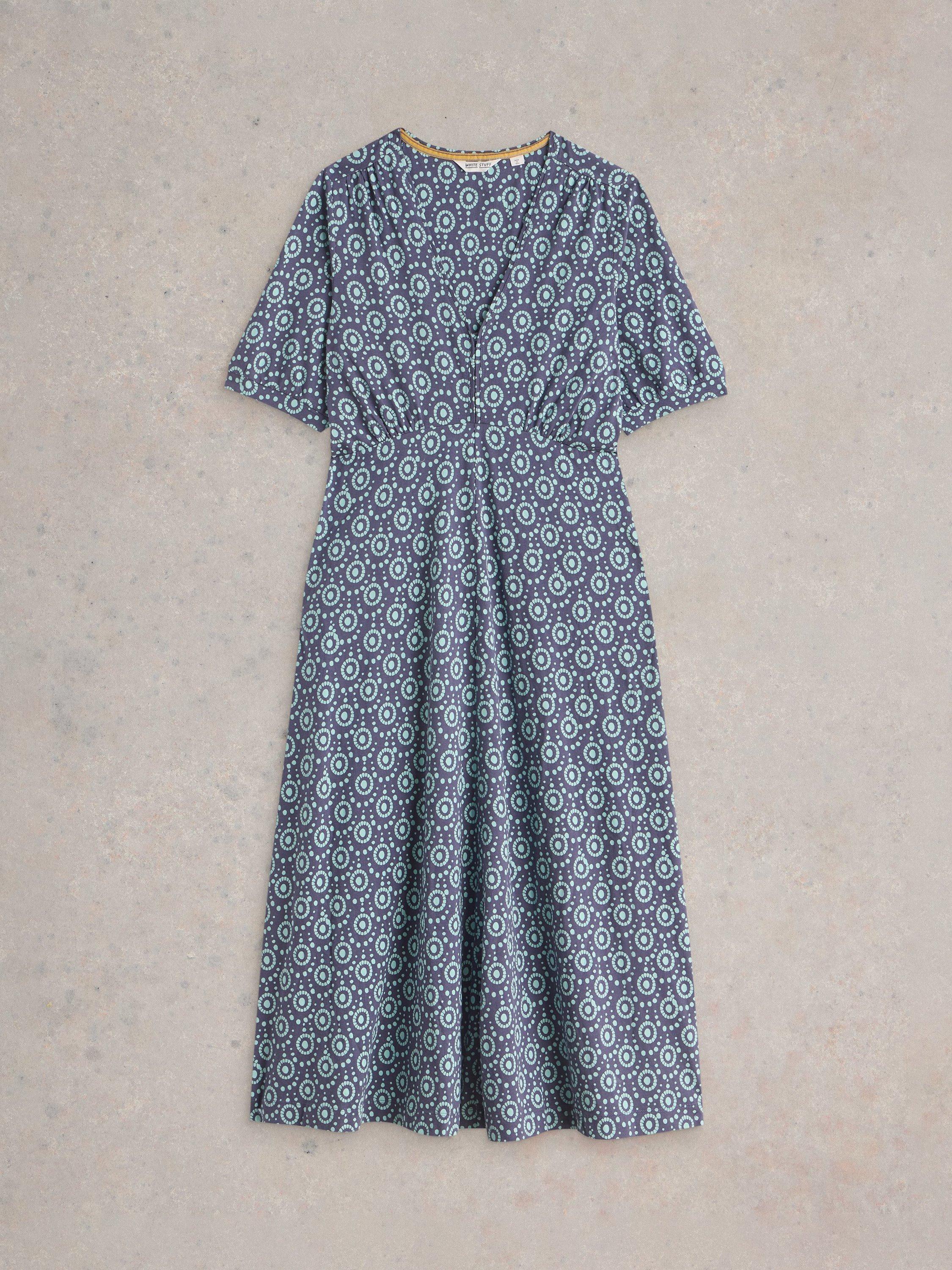 Product image 5 of 6, which shows White Stuff Megan Abstract Organic Cotton Blend Dress, Navy/Multi, 6