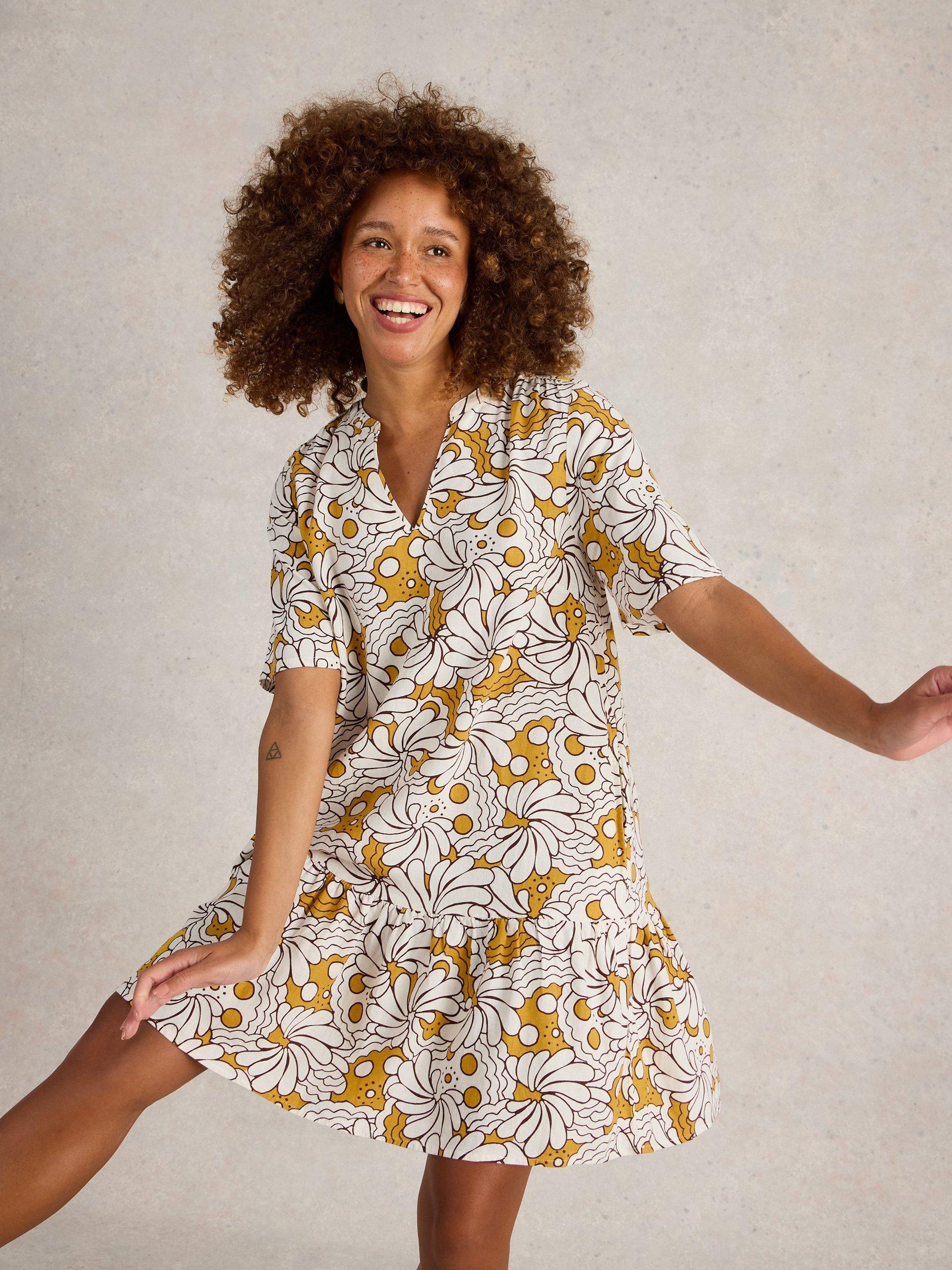 Product image 4 of 6, which shows White Stuff Otto Floral Linen Blend Flared Mini Dress, Mid Yellow, 6