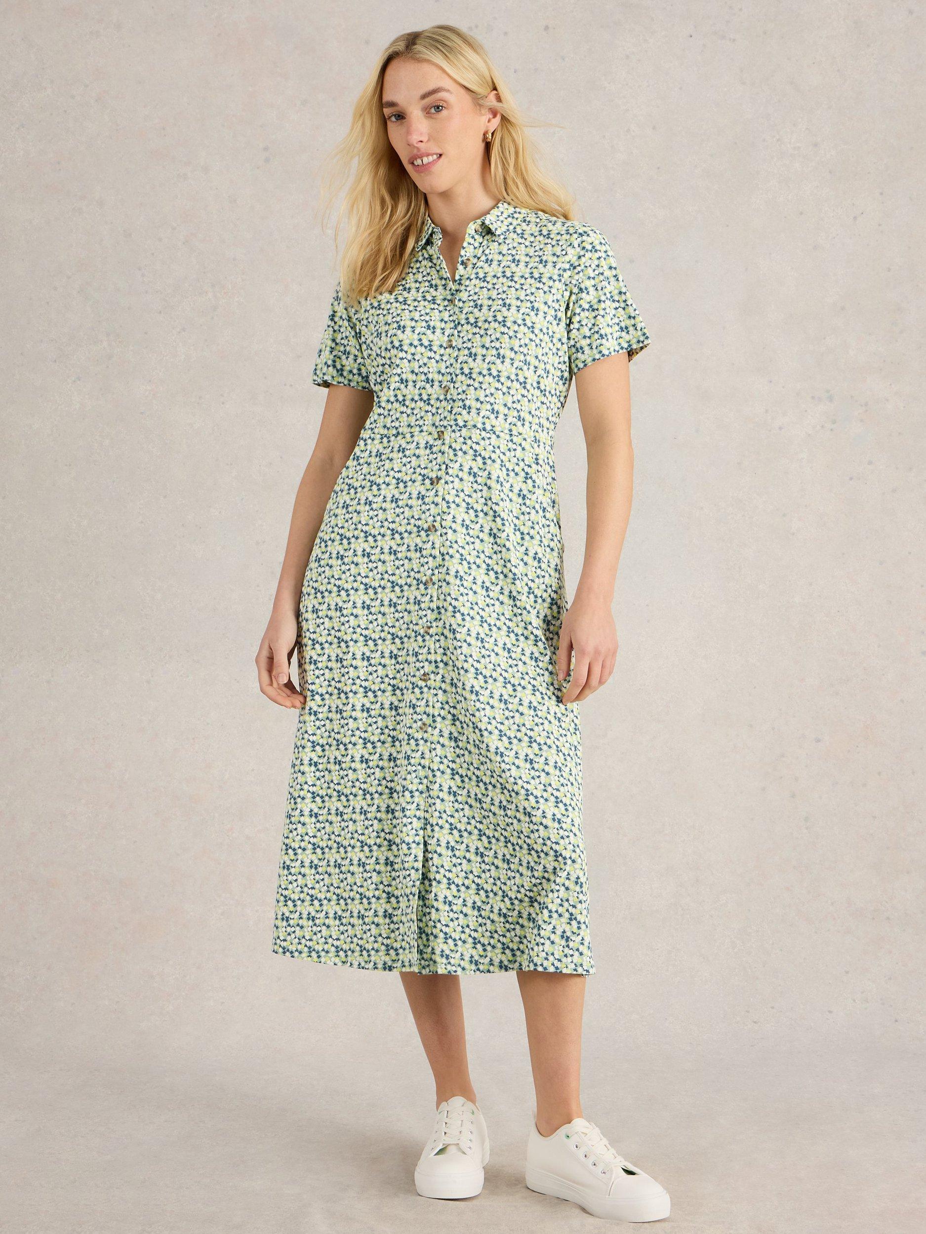 green emerald velvet dress White Stuff 440452 June Green Print Linen Shift Dress main image 0