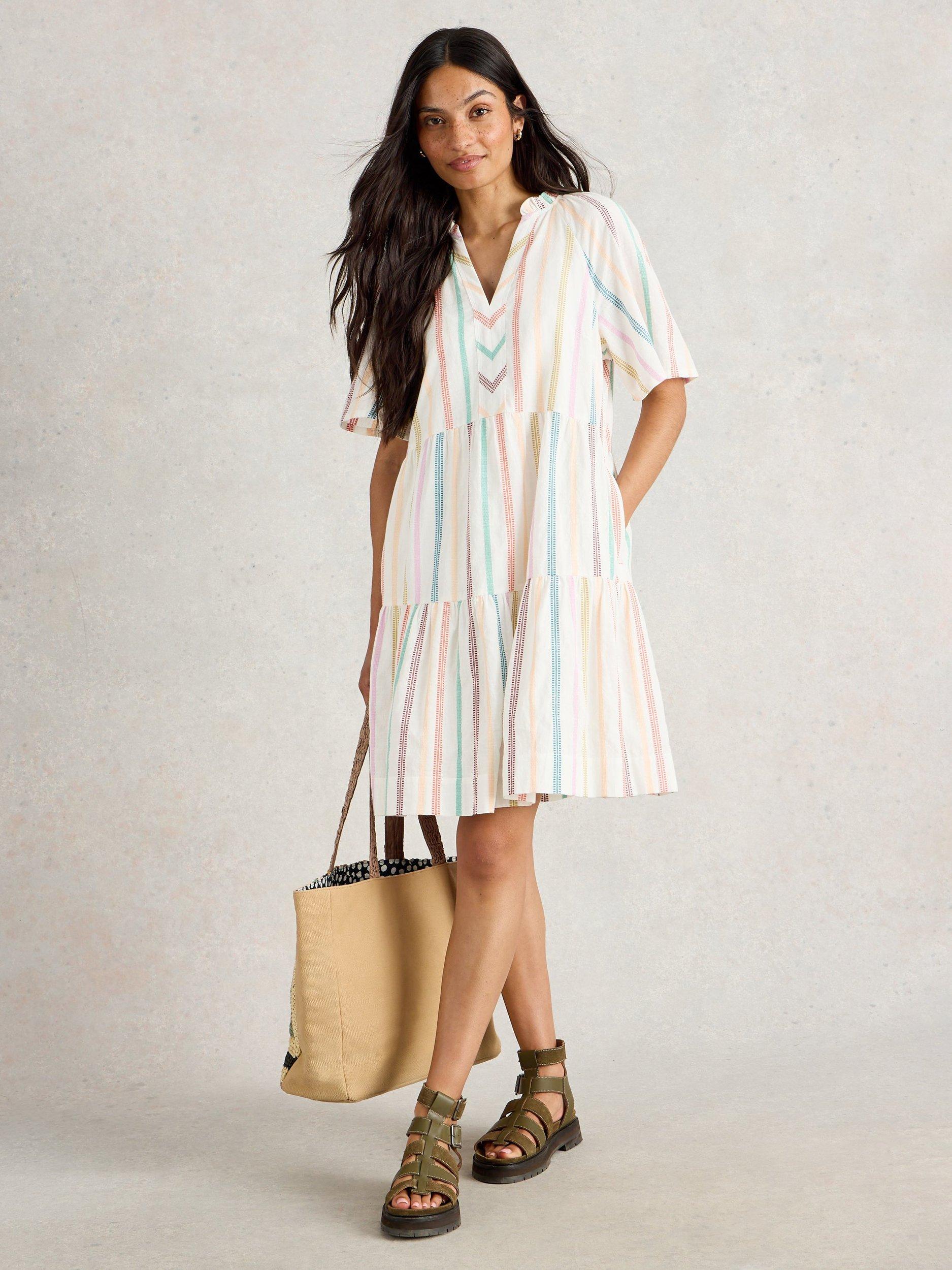 Product image 1 of 6, which shows White Stuff Sophia Jacquard Stripe Pure Organic Cotton Dress, Natural/Multi, 10