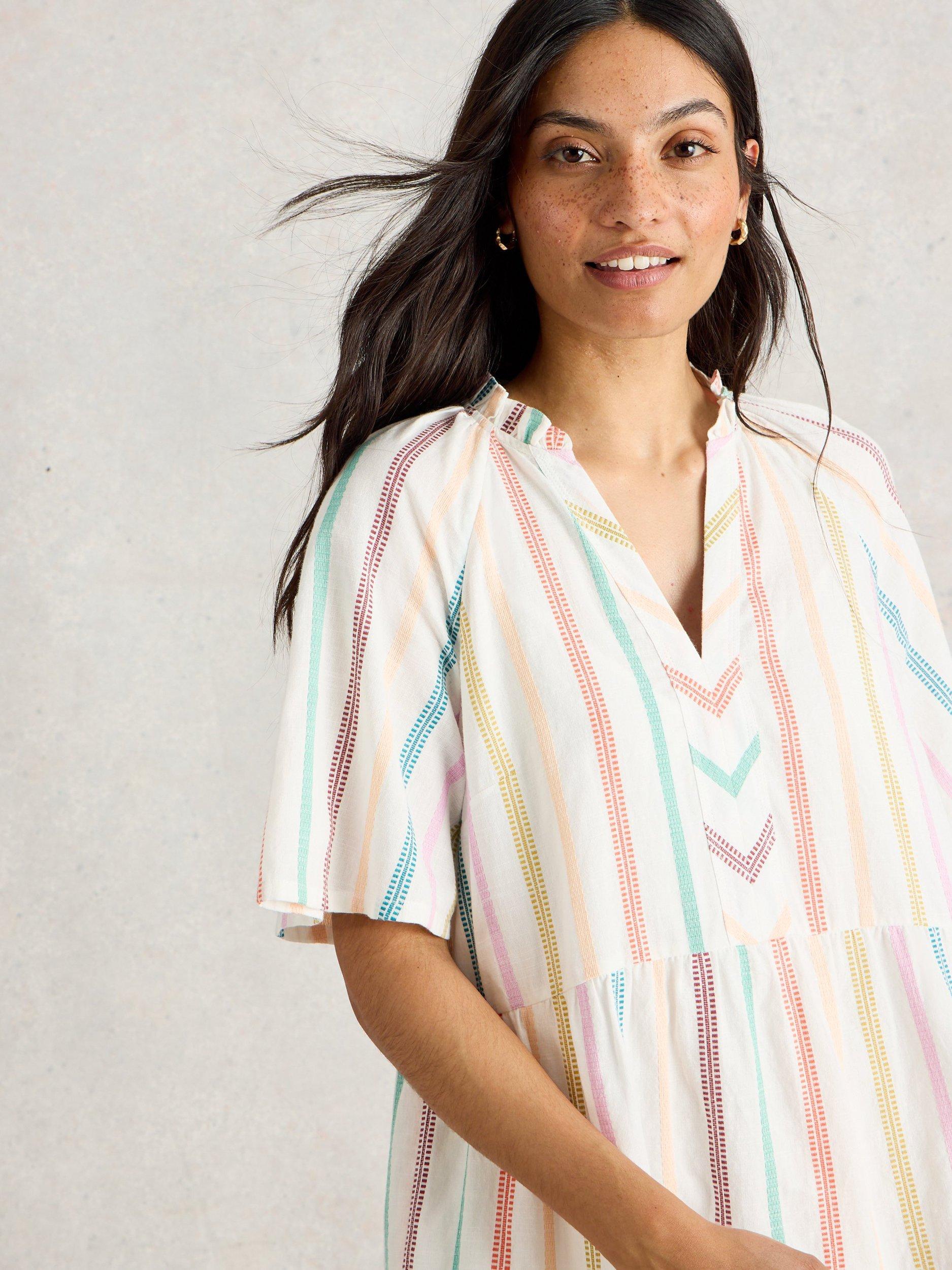 Product image 3 of 6, which shows White Stuff Sophia Jacquard Stripe Pure Organic Cotton Dress, Natural/Multi, 10