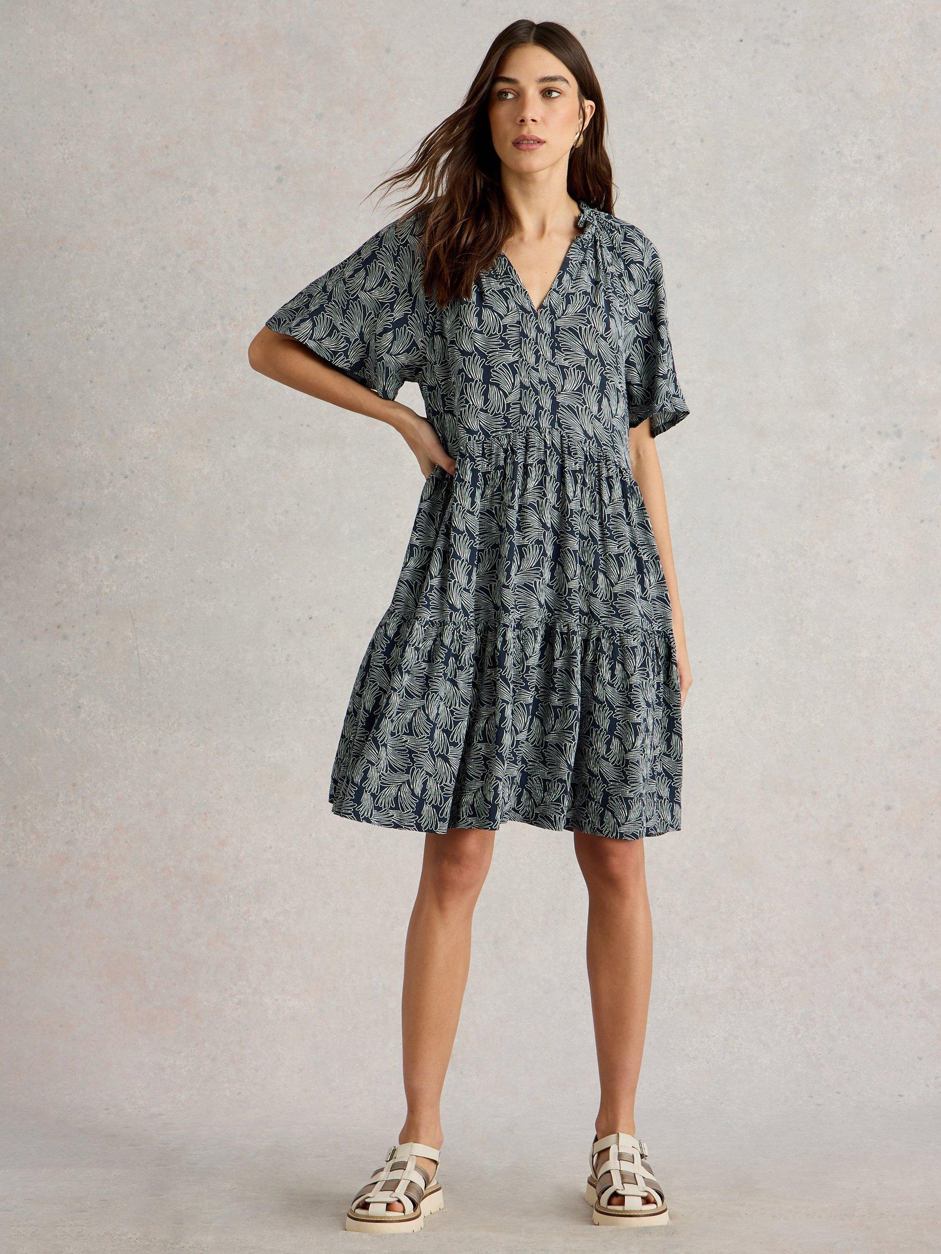 Product image 1 of 6, which shows White Stuff Sophia Tiered Knee Length Dress, Navy/White, 14