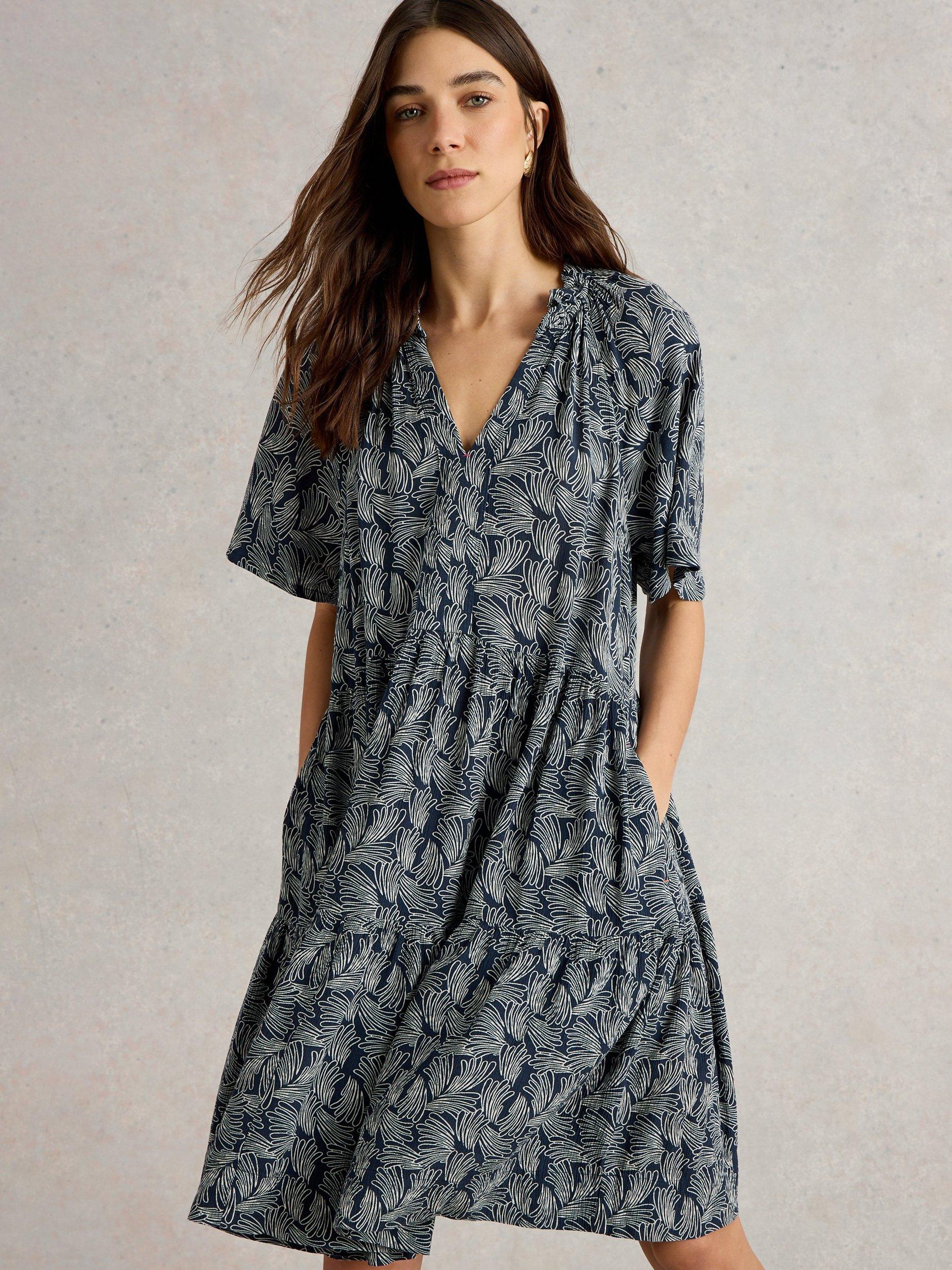Product image 3 of 6, which shows White Stuff Sophia Tiered Knee Length Dress, Navy/White, 14