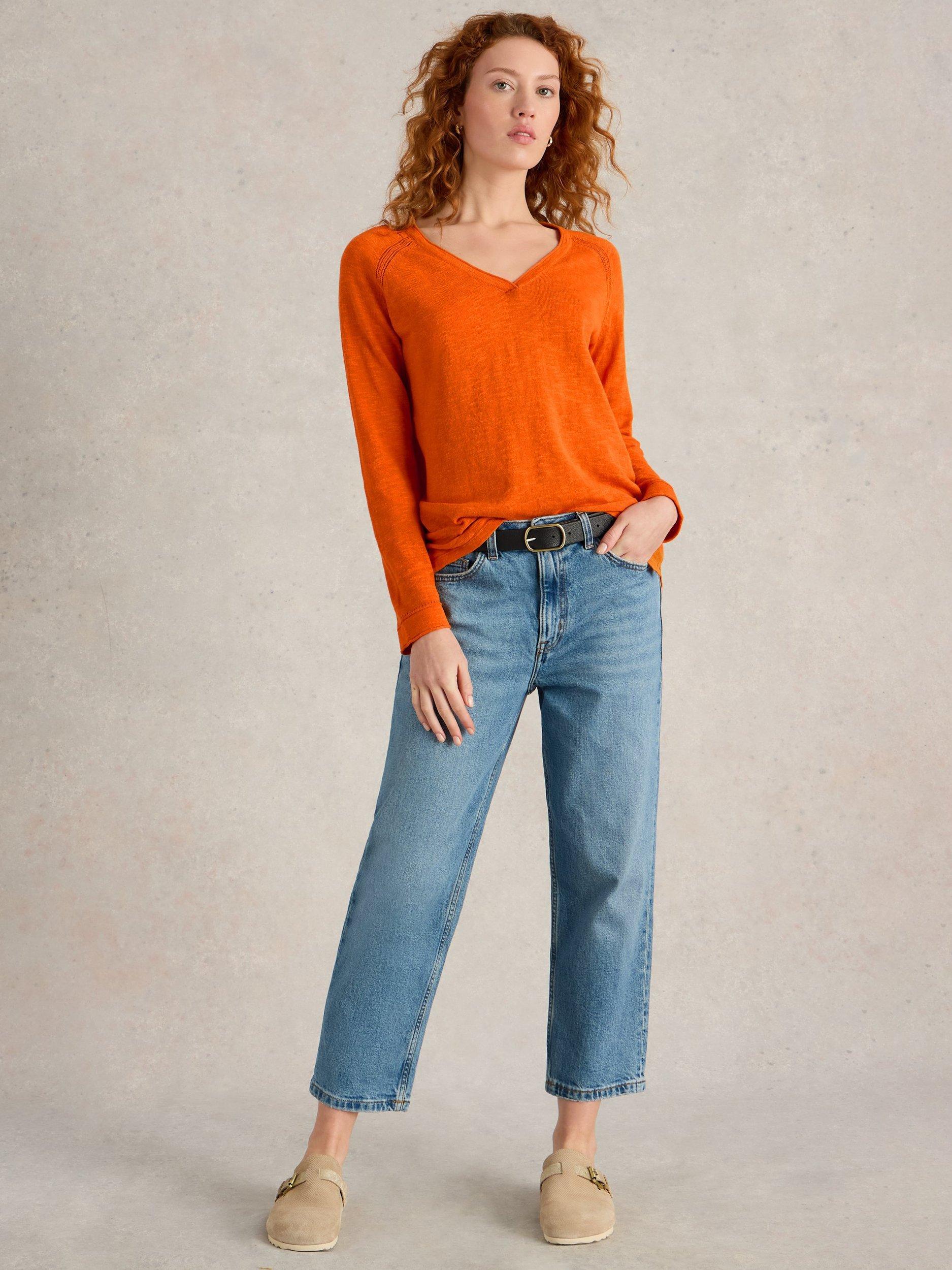 Product image 1 of 6, which shows White Stuff Naria Organic Cotton Linen V-Neck Jumper, Mid Orange, 6