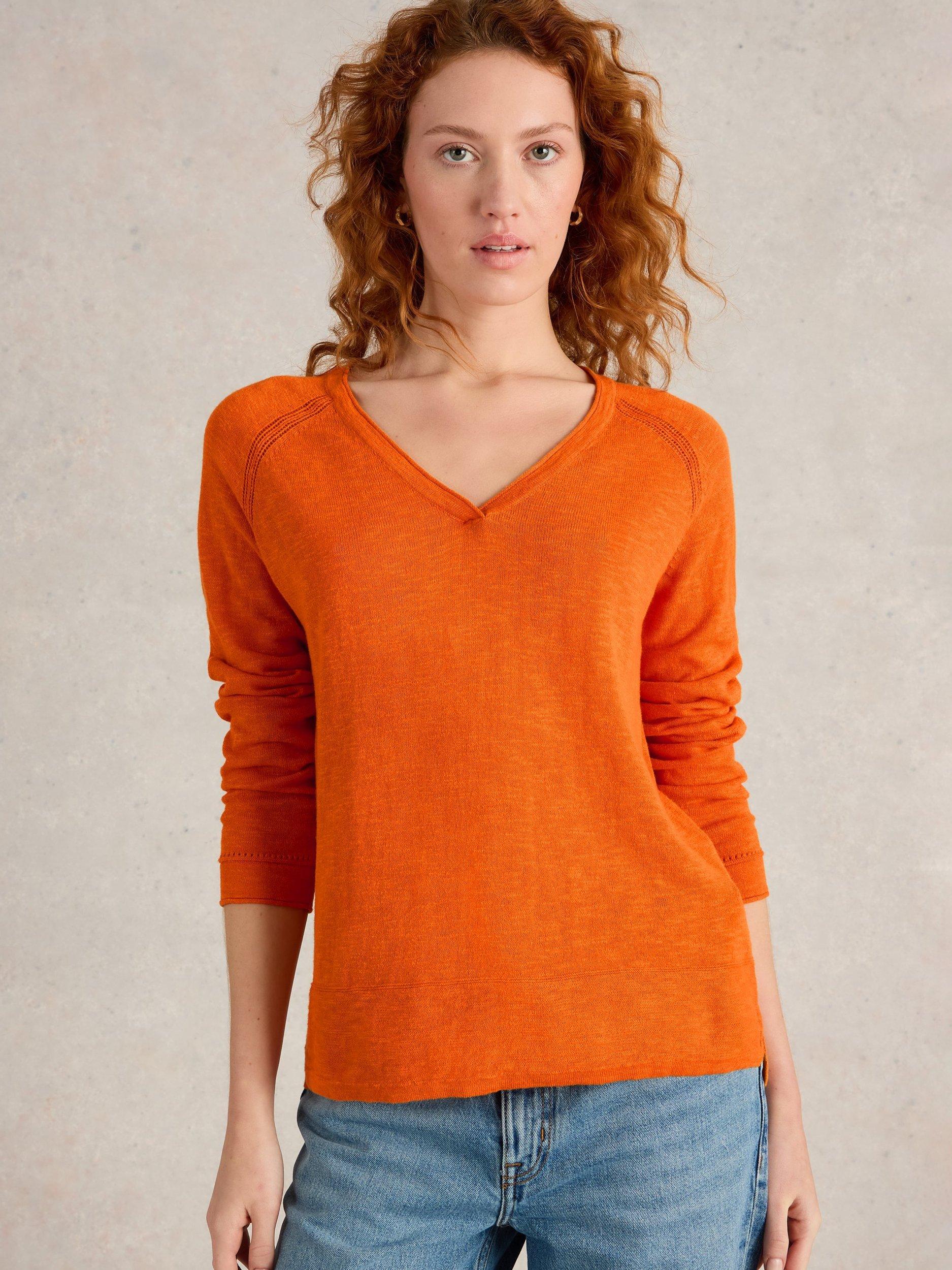 Product image 3 of 6, which shows White Stuff Naria Organic Cotton Linen V-Neck Jumper, Mid Orange, 6