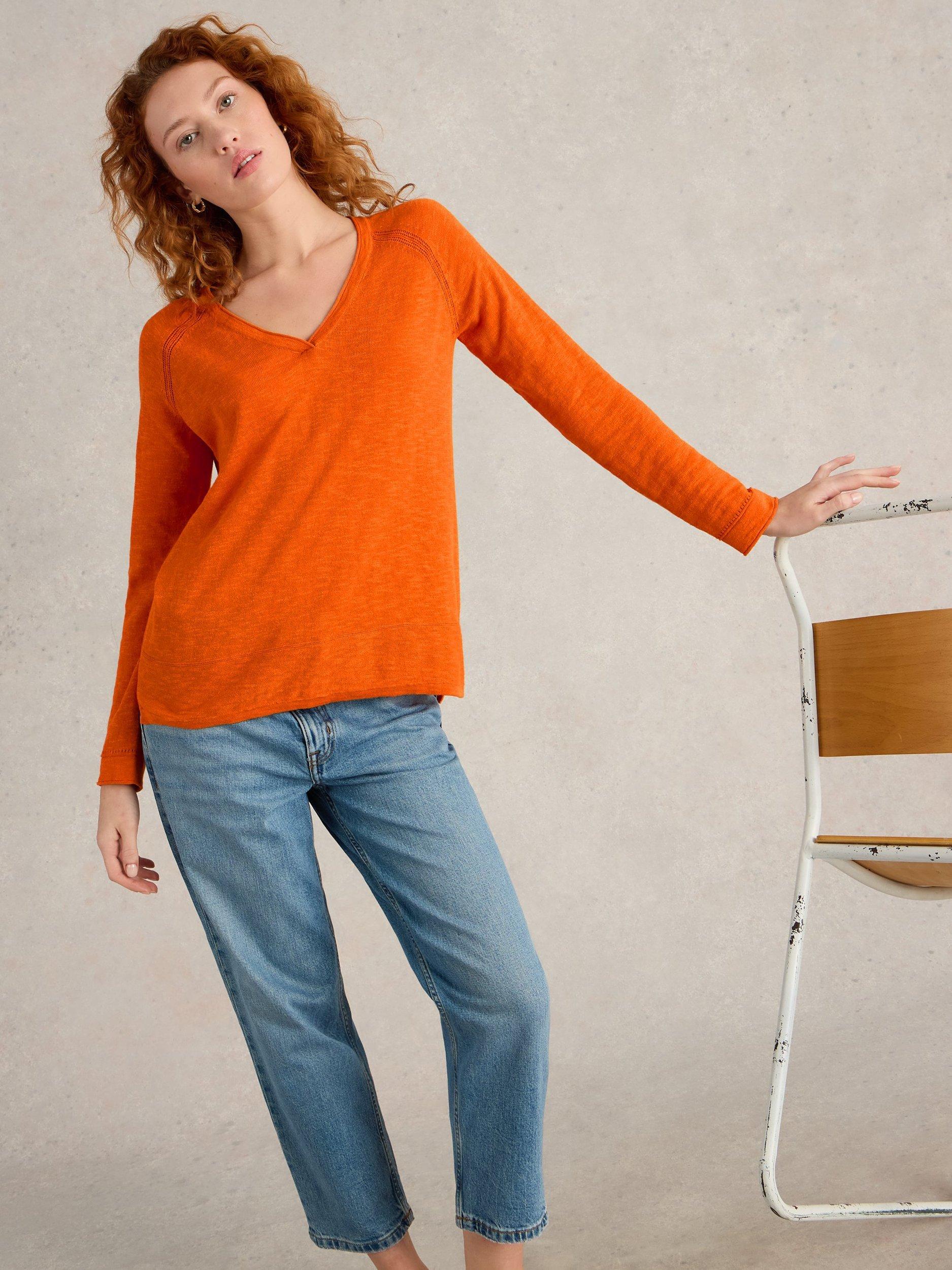 Product image 4 of 6, which shows White Stuff Naria Organic Cotton Linen V-Neck Jumper, Mid Orange, 6