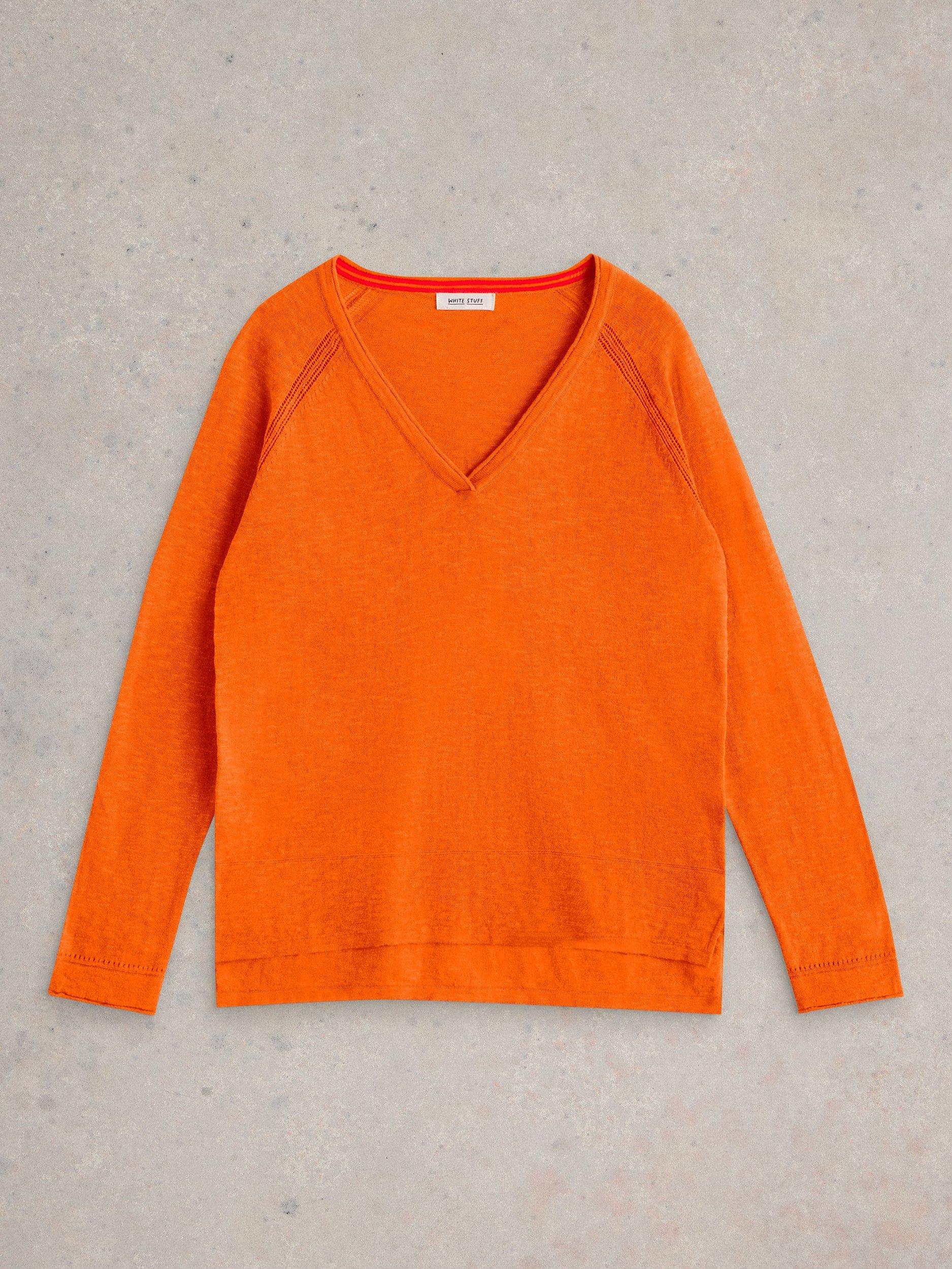 Product image 5 of 6, which shows White Stuff Naria Organic Cotton Linen V-Neck Jumper, Mid Orange, 6