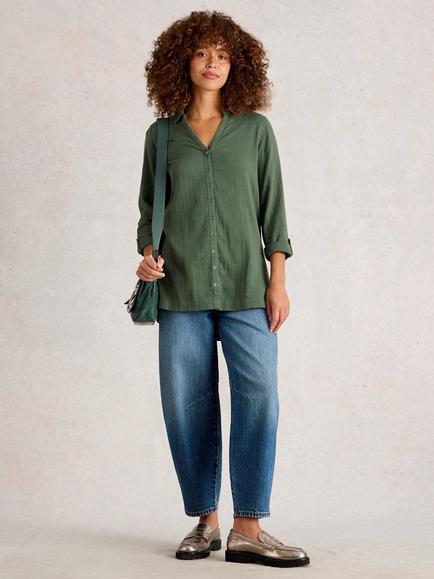 White Stuff Annie Pure Organic Cotton Double Cloth Longline Shirt, Khaki Green, Khaki Green