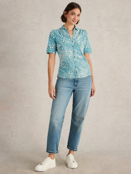 White Stuff Annie Cotton Abstract Print Shirt, Blue Mlt, Blue Mlt