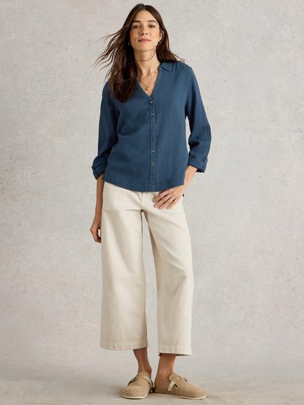 White Stuff Annie Organic Cotton Button-Down Shirt, Navy