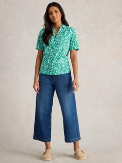 White Stuff Cotton Leaf Print Shirt, Teal/Multi, Teal/Multi