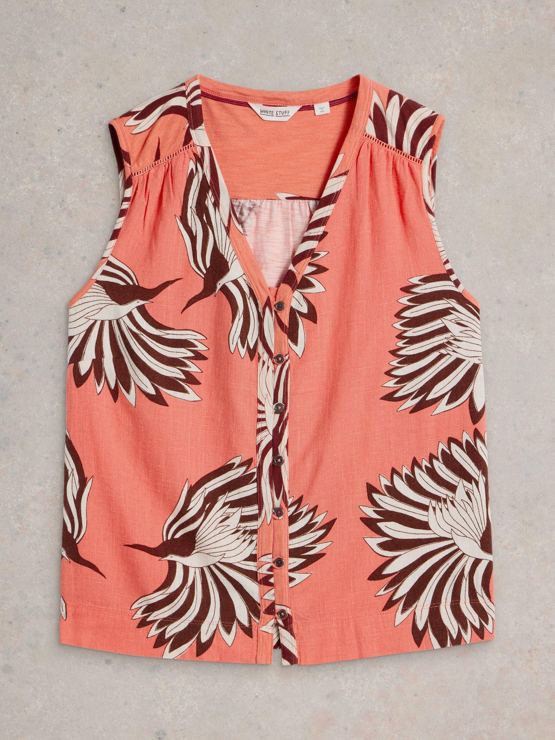 Product image 5 of 6, which shows White Stuff Delilah Bird Print Button Detail Tank Top, Coral Orange, 8