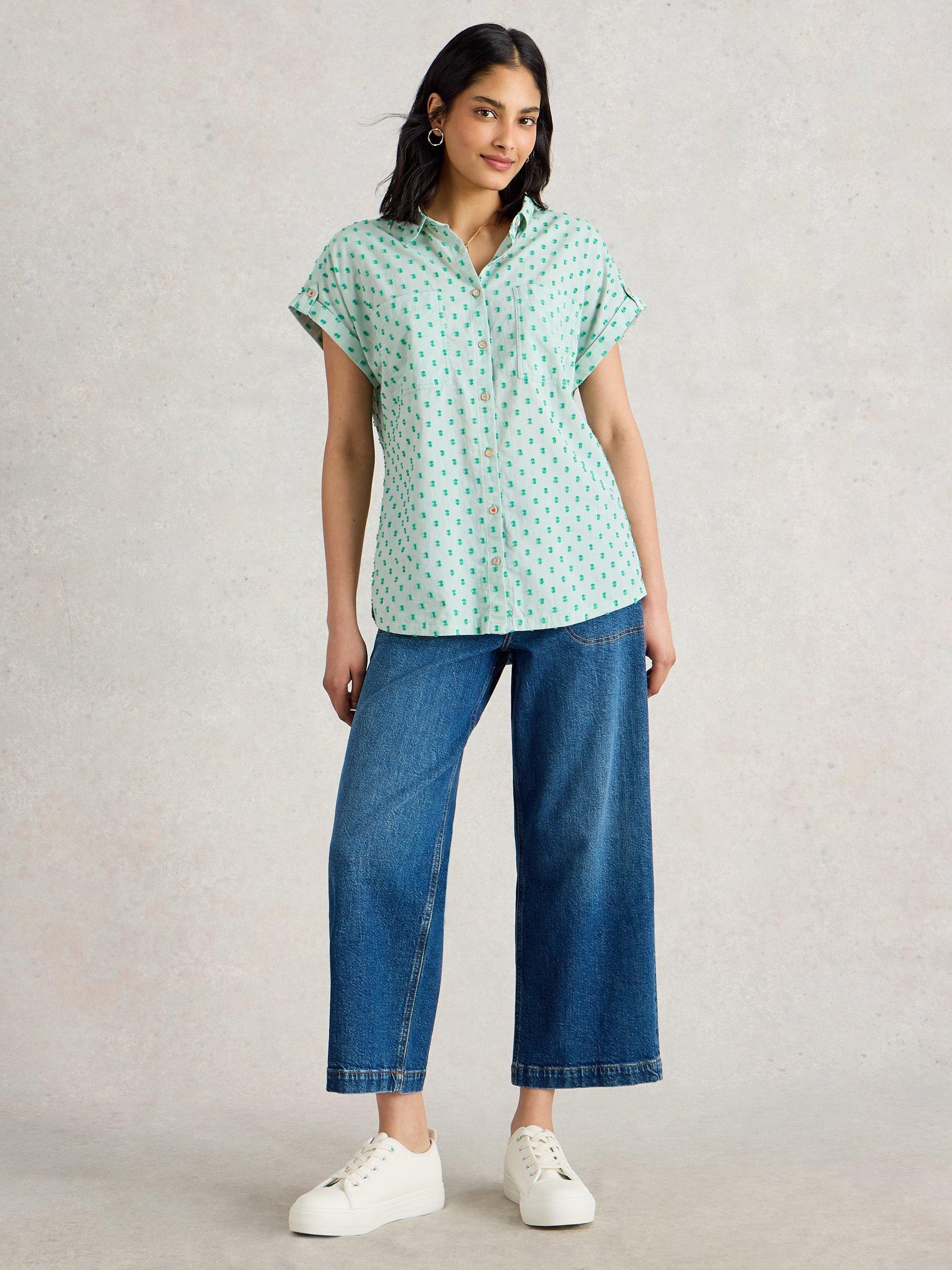 Product image 1 of 6, which shows White Stuff Ellie Spotty Organic Cotton Shirt, Green/Multi, 6