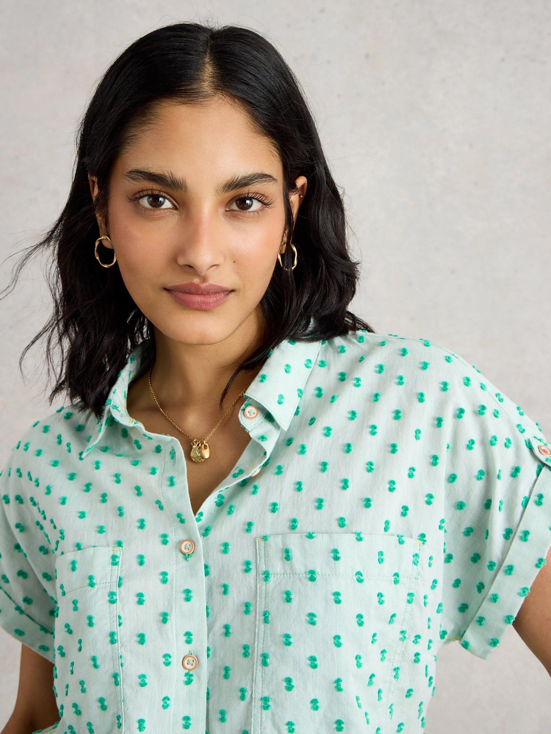 Product image 3 of 6, which shows White Stuff Ellie Spotty Organic Cotton Shirt, Green/Multi, 6