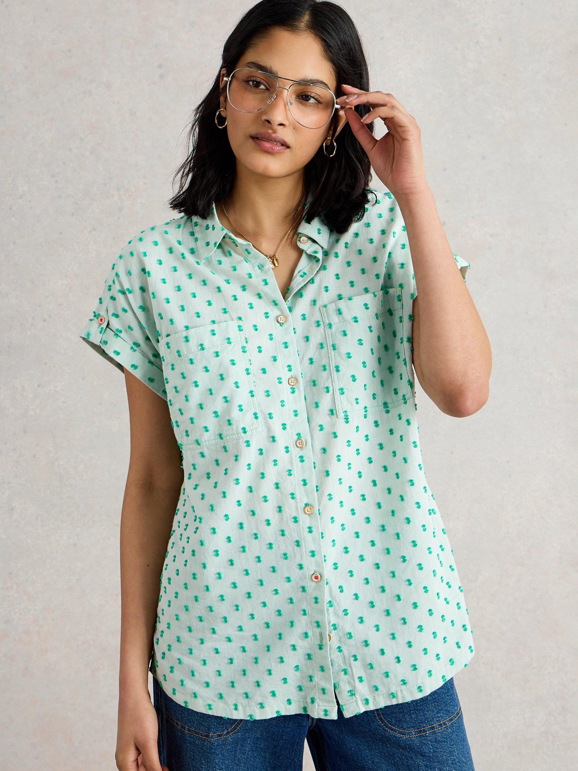 Product image 4 of 6, which shows White Stuff Ellie Spotty Organic Cotton Shirt, Green/Multi, 6