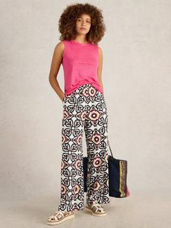 White Stuff Lucy Linen Blend Abstract Wide Leg Trousers, White/Multi, White/Multi