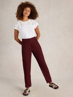White Stuff Rowena Tapered Pure Linen Trousers, Dark Red
