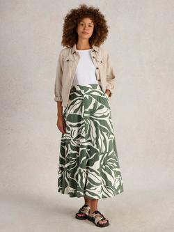 White Stuff Jada Leaf Print A-Line Maxi Skirt, Mid Green, Mid Green