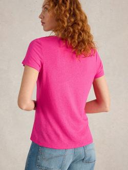 White Stuff Ellie Linen Blend Lace Trim V-Neck Tee, Bright Pink - view 2, Bright Pink