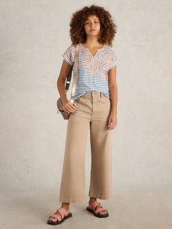 White Stuff Nelly Leaf Stripe Notch Neck Tee, Ivory/Multi, Ivory/Multi