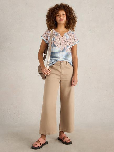 White Stuff Nelly Leaf Stripe Notch Neck Tee, Ivory/Multi, Ivory/Multi