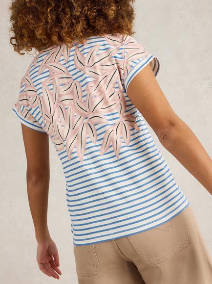 White Stuff Nelly Leaf Stripe Notch Neck Tee, Ivory/Multi - view 2, Ivory/Multi