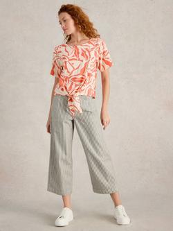 White Stuff Sara Floral Linen Blend Tie Hem Top, Coral Orange, Coral Orange