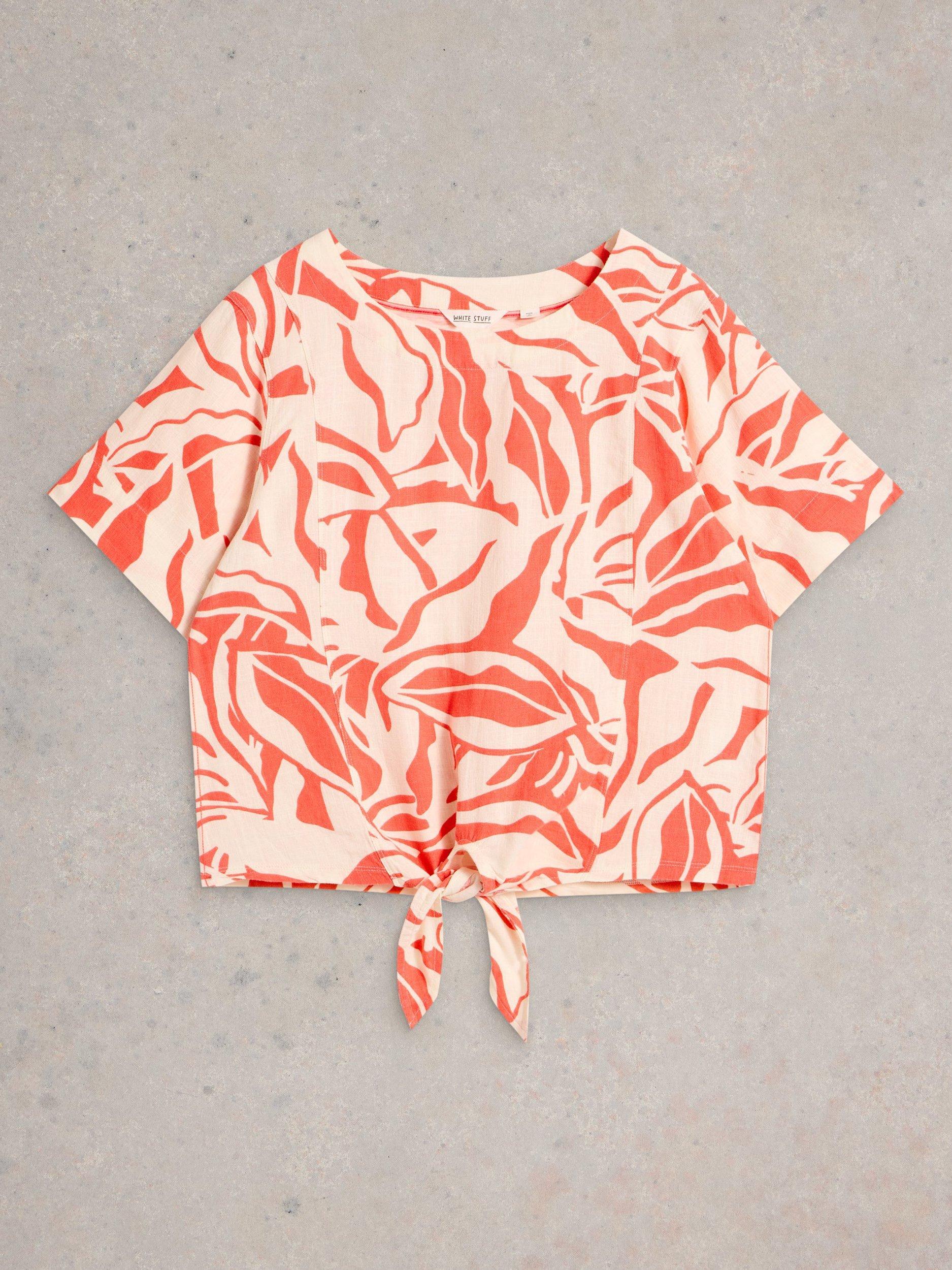Product image 5 of 6, which shows White Stuff Sara Floral Linen Blend Tie Hem Top, Coral Orange, 8