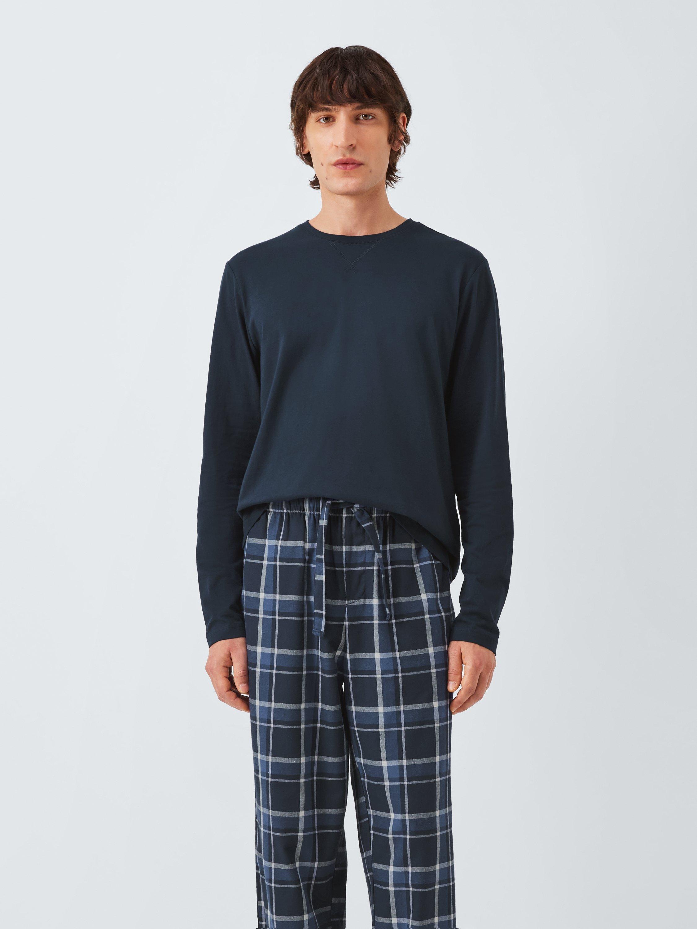 Product image 1 of 6, which shows John Lewis Organic Cotton Plain & Check Pyjama Set, Blue Navy, S