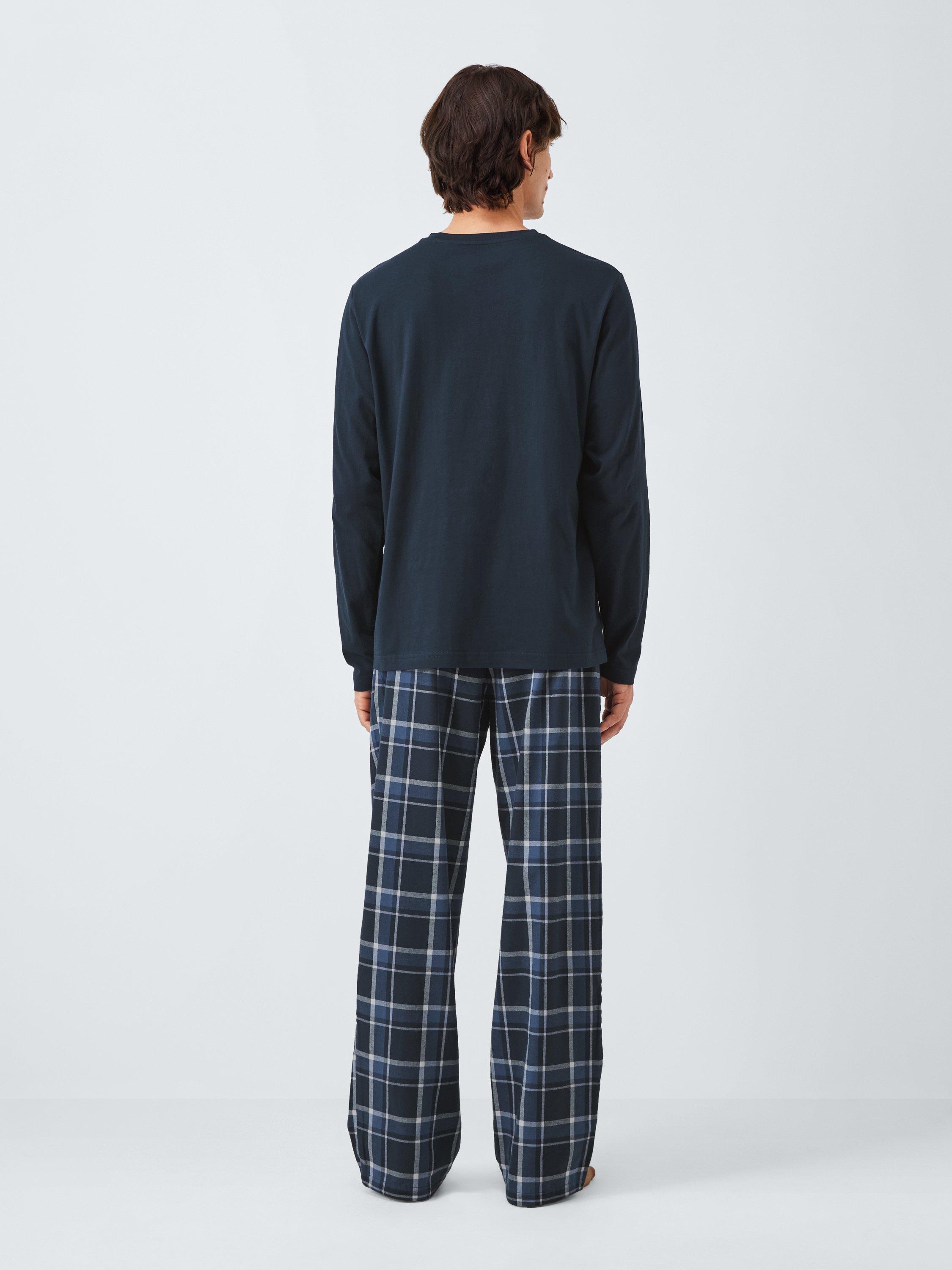 Product image 4 of 6, which shows John Lewis Organic Cotton Plain & Check Pyjama Set, Blue Navy, S