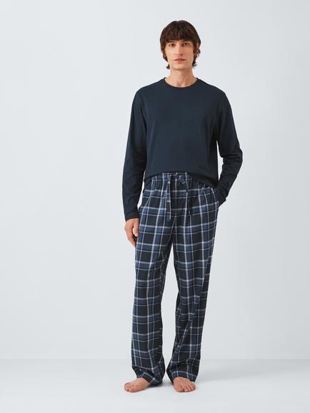 John Lewis Organic Cotton Plain & Check Pyjama Set, Blue Navy - view 2, Blue Navy