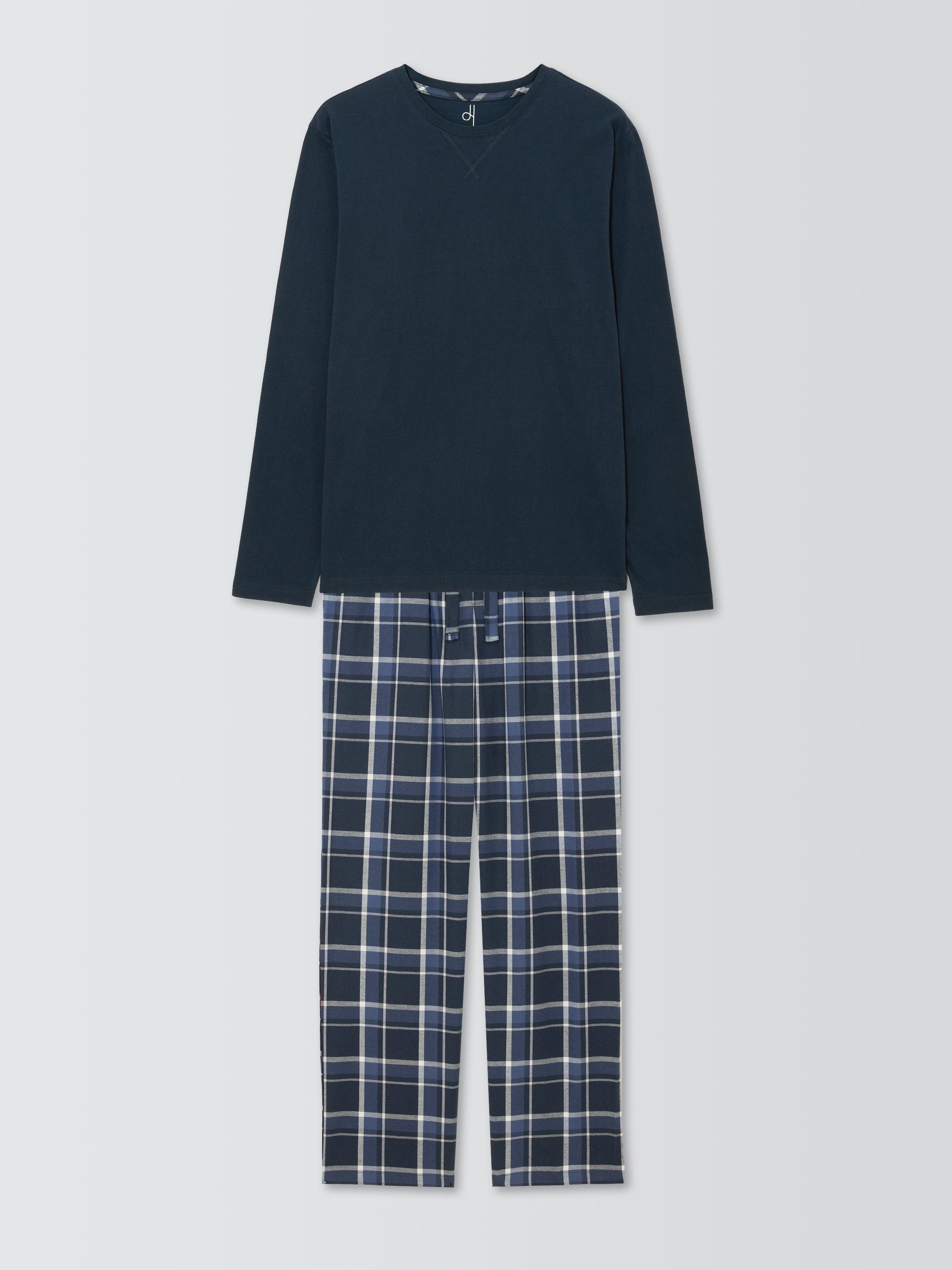 Product image 3 of 6, which shows John Lewis Organic Cotton Plain & Check Pyjama Set, Blue Navy, S