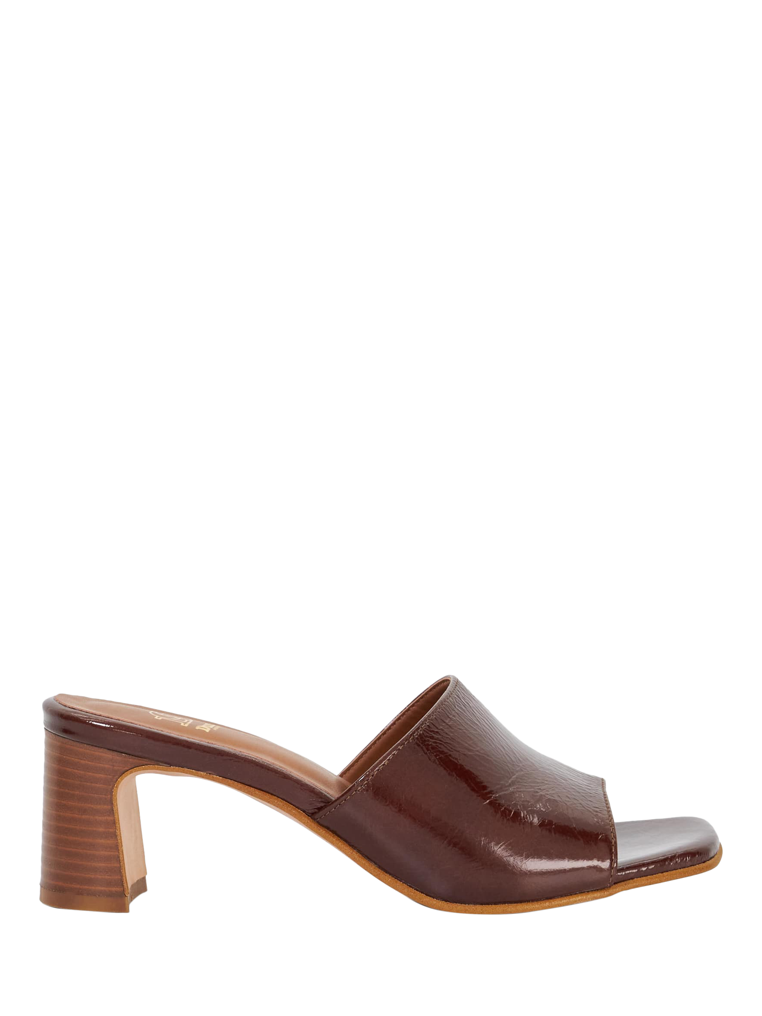Product image 1 of 5, which shows Dune London Jule Leather Heeled Mules, Brown Patent, EU36