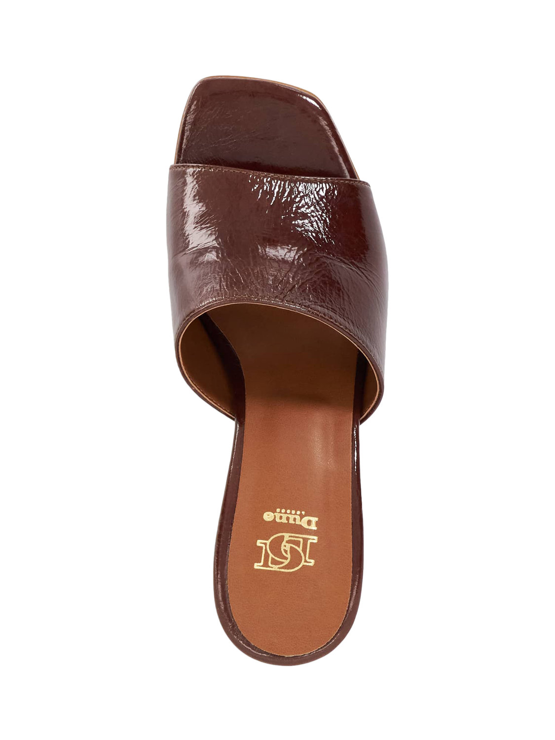 Product image 2 of 5, which shows Dune London Jule Leather Heeled Mules, Brown Patent, EU36