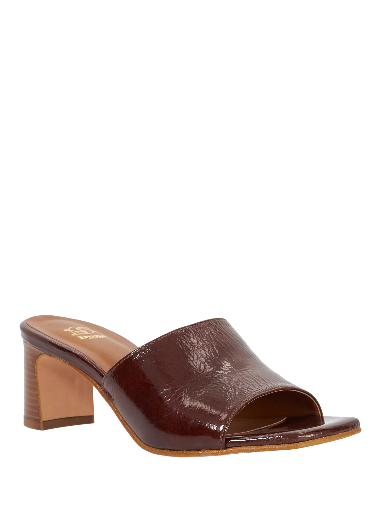Product image 3 of 5, which shows Dune London Jule Leather Heeled Mules, Brown Patent, EU36