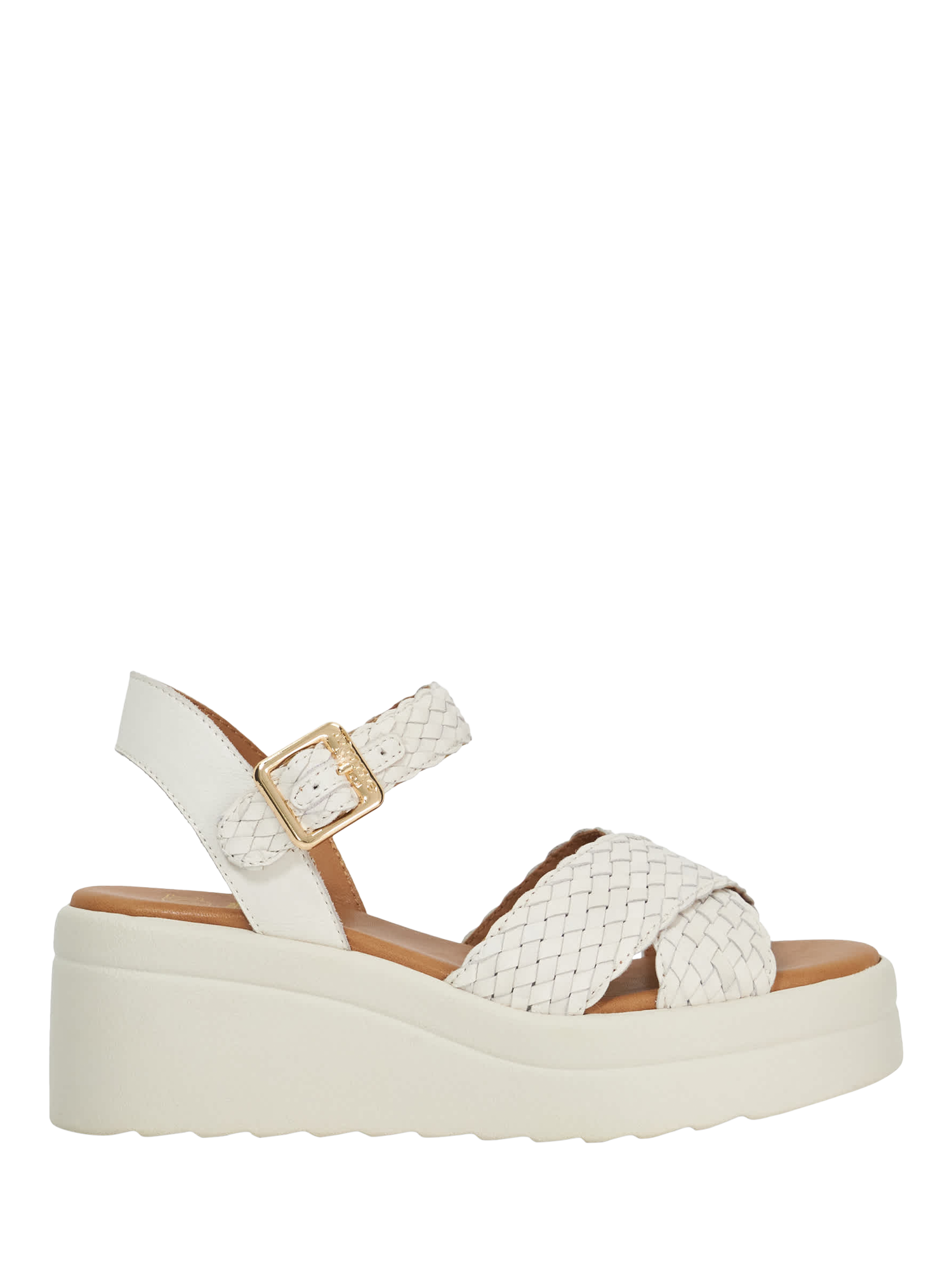 Product image 1 of 5, which shows Dune London Kinleys Woven Leather Flatform Heeled Sandals, Ecru, EU36