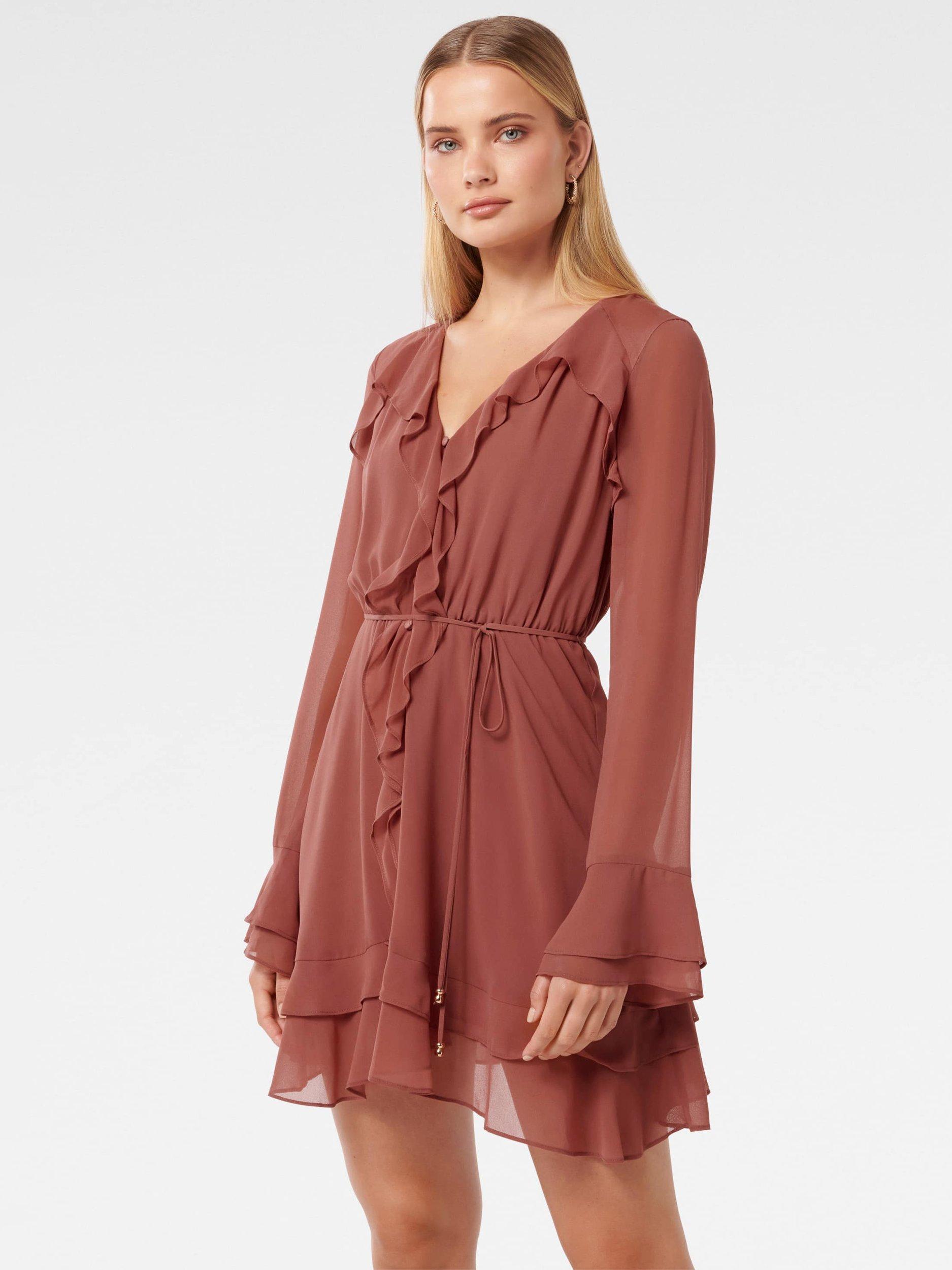 Product image 3 of 5, which shows Forever New Piper Ruffle Long Sleeve Mini Dress, Dark Rose, 4