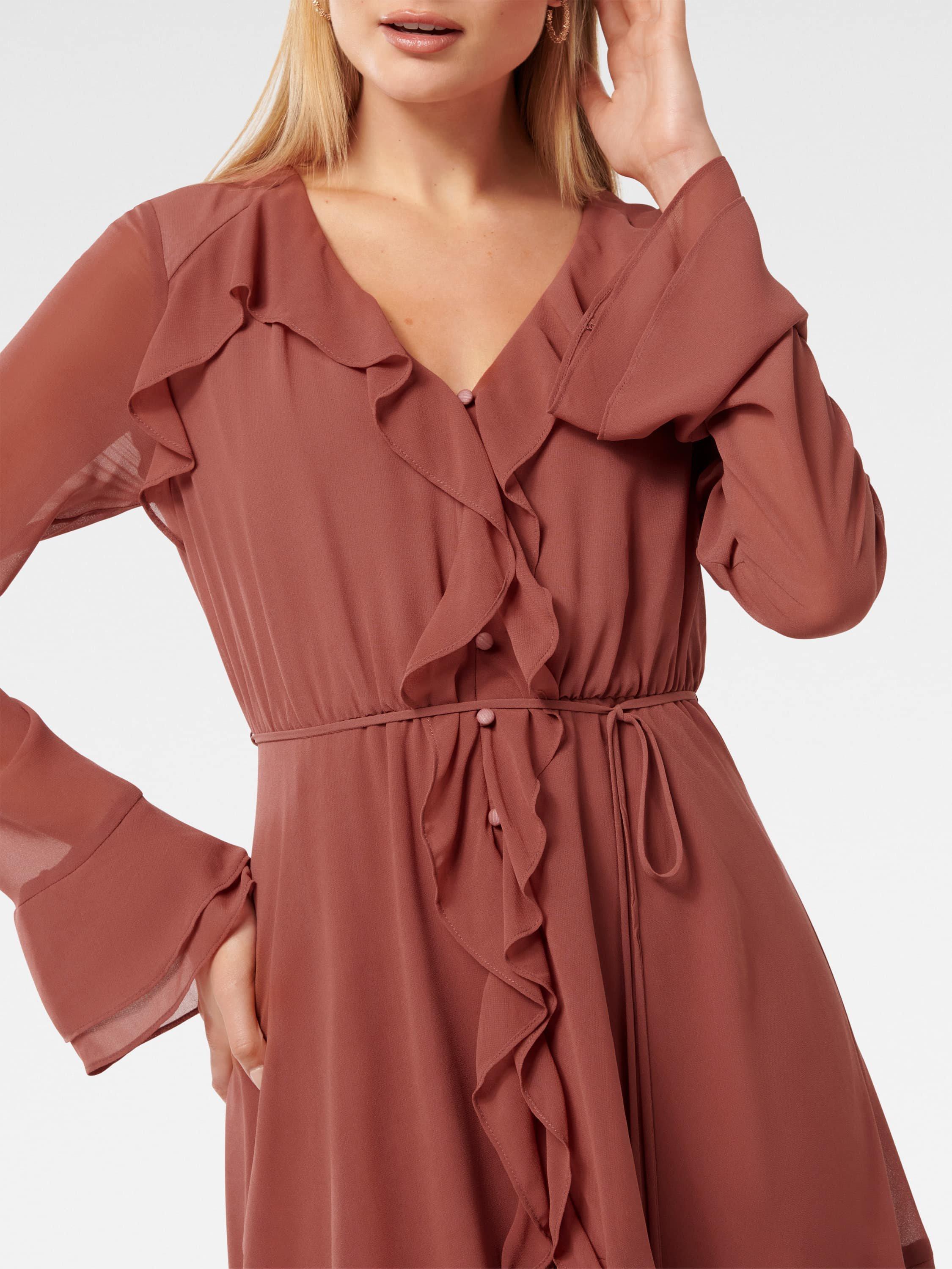 Product image 4 of 5, which shows Forever New Piper Ruffle Long Sleeve Mini Dress, Dark Rose, 4
