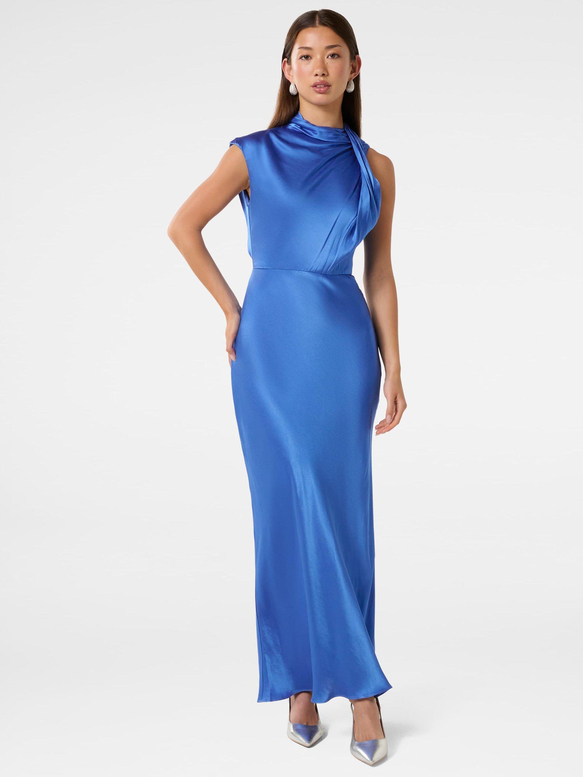Product image 1 of 4, which shows Forever New Sienna High Neck Satin Maxi Dress, Blue Atmosphere, 4
