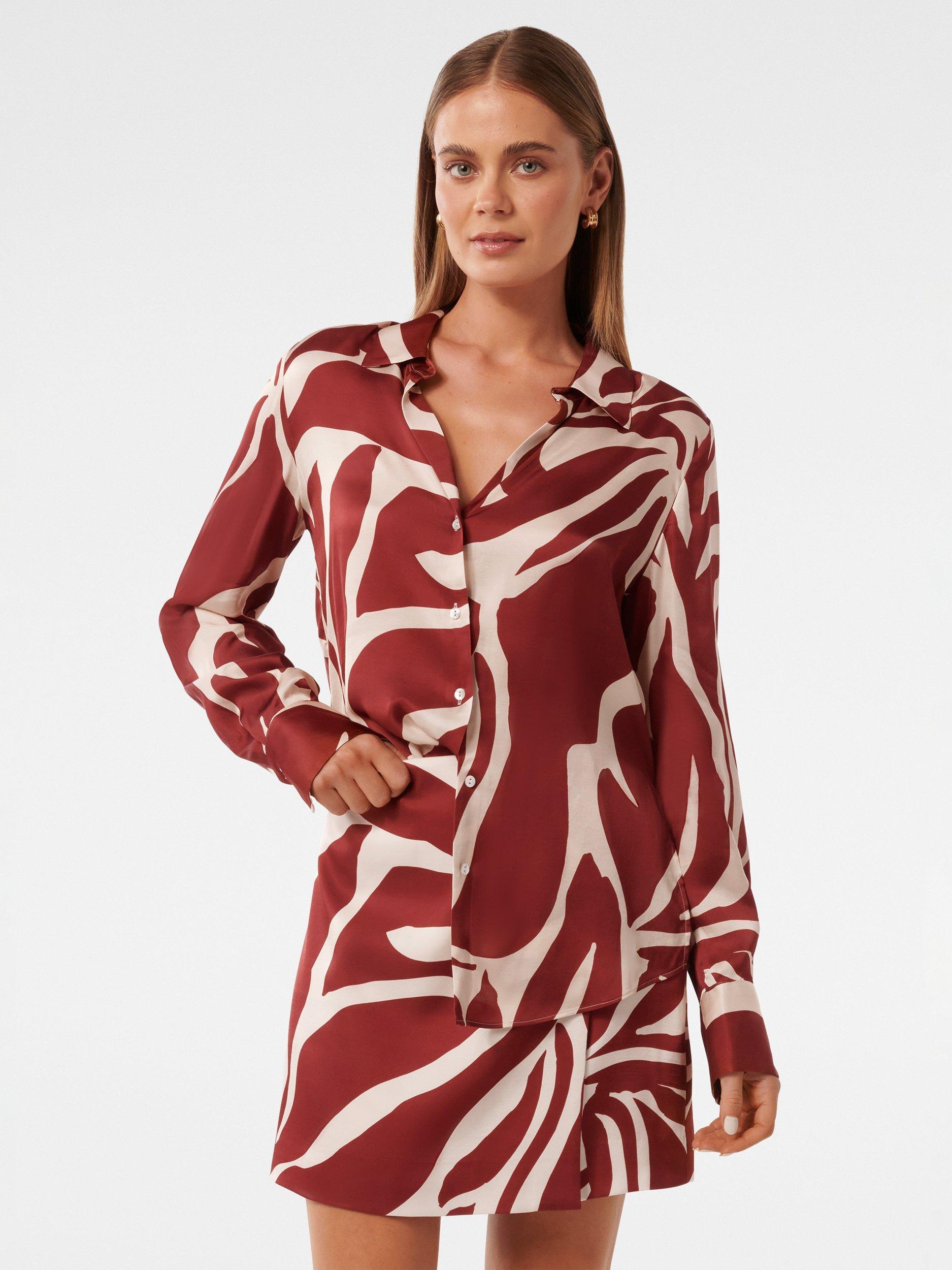 Product image 1 of 5, which shows Forever New Harvey Notch Neck Satin Shirt, Dark Drew, 4