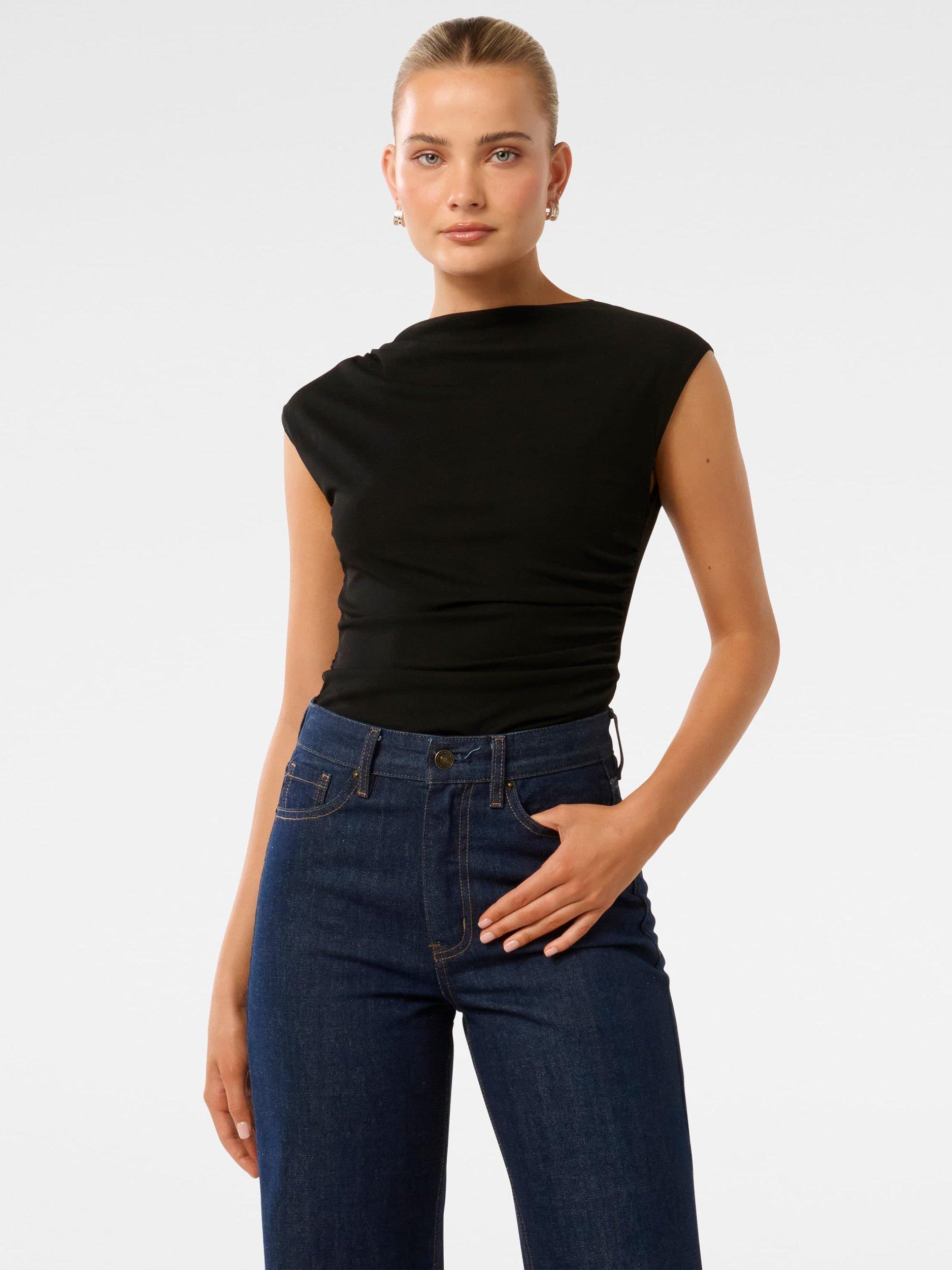 Product image 1 of 4, which shows Forever New Mel Cap Sleeve Mesh Top, Black, XXS