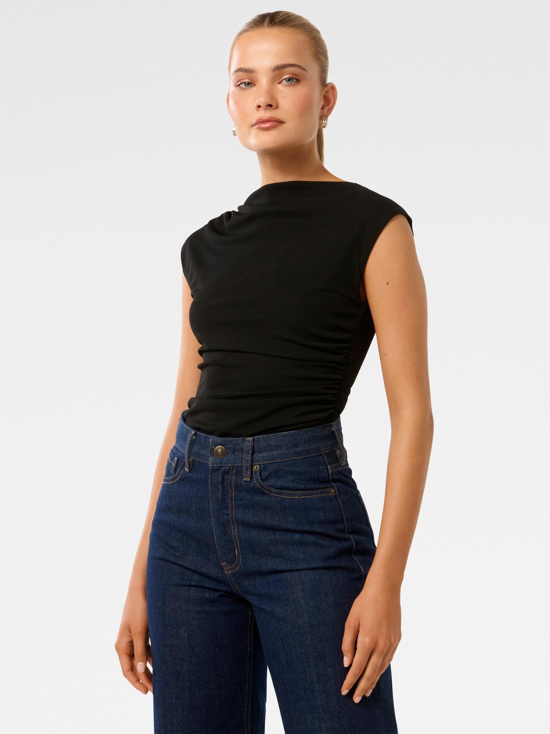 Product image 3 of 4, which shows Forever New Mel Cap Sleeve Mesh Top, Black, XXS
