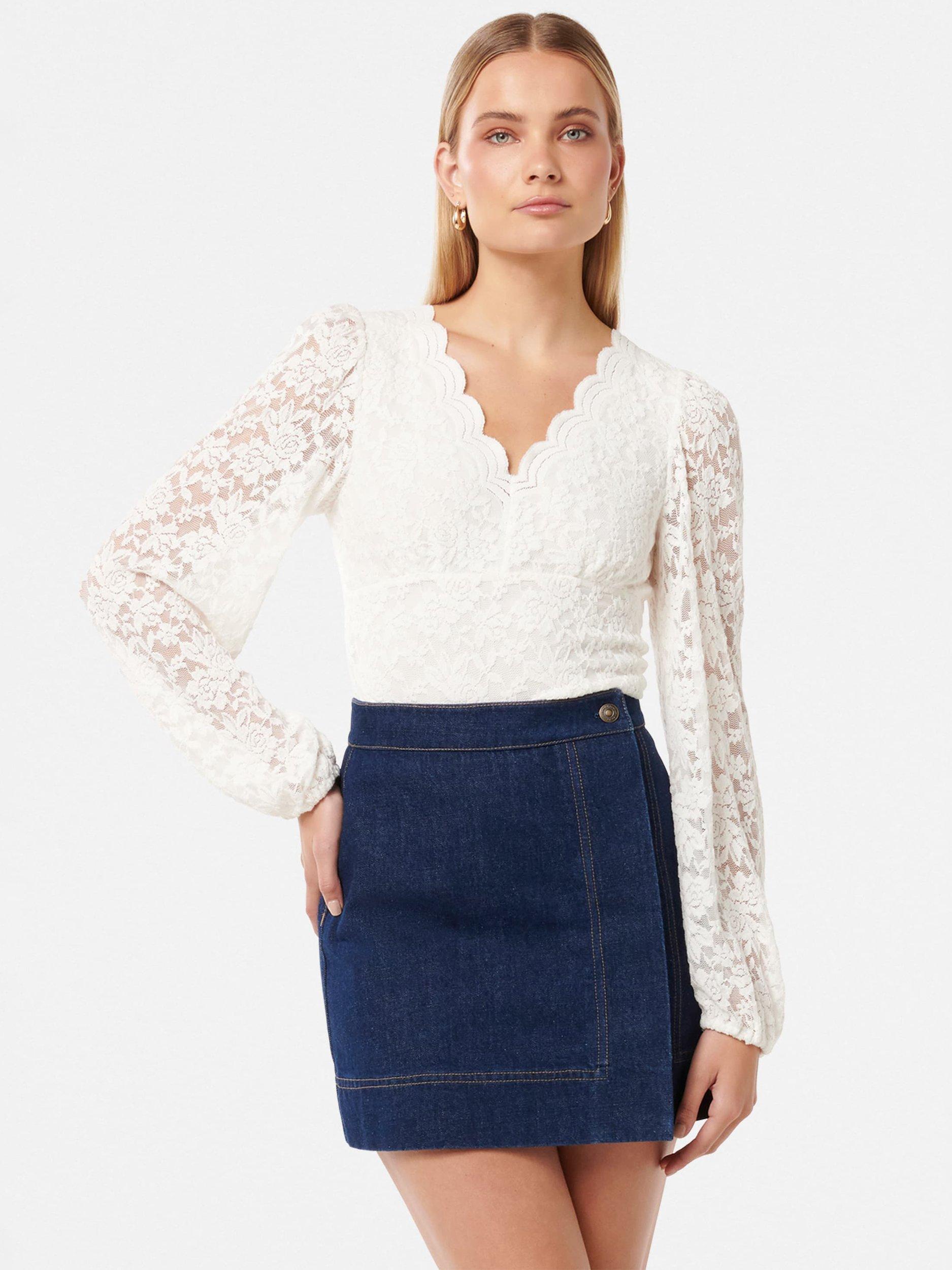 Product image 1 of 5, which shows Forever New Yianna Lace Long Sleeve Top, Porcelain, L