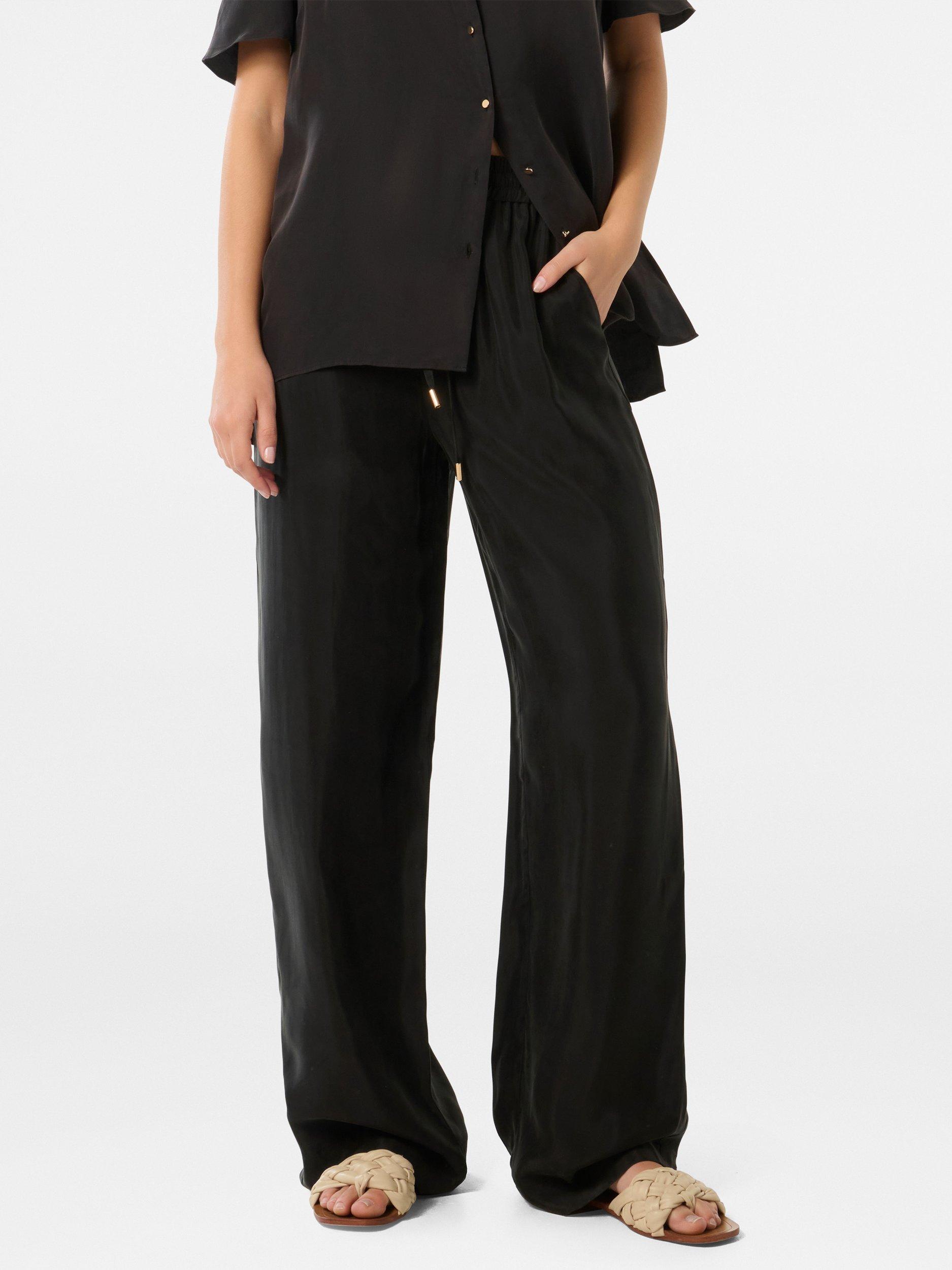 Product image 1 of 5, which shows Forever New Emma Cupro Wide Leg Trousers, Black, 4