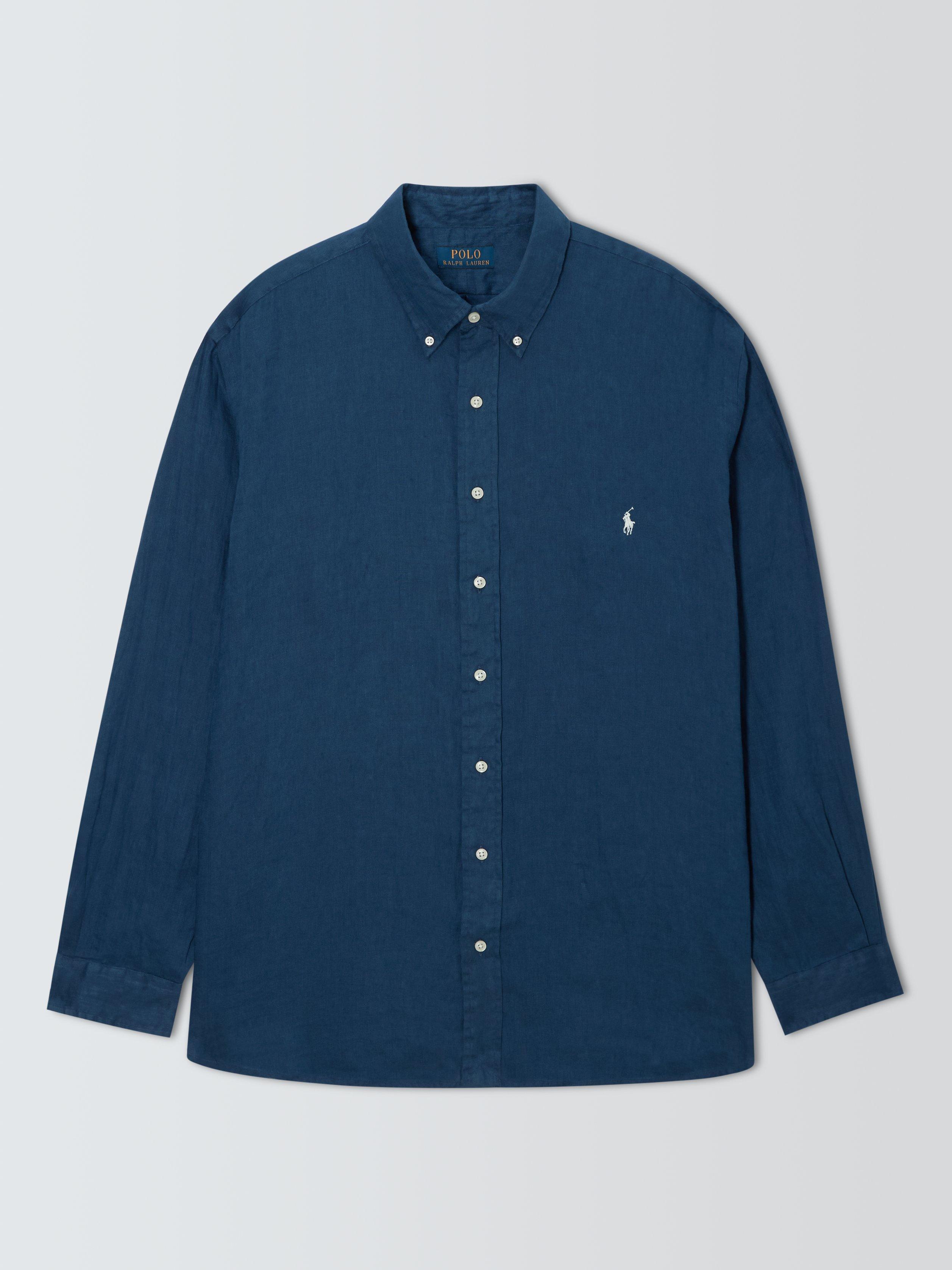 Product image 1 of 1, which shows Polo Ralph Lauren Big & Tall Linen Regular Fit Plain Logo Shirt, Rustic Navy, 1XB