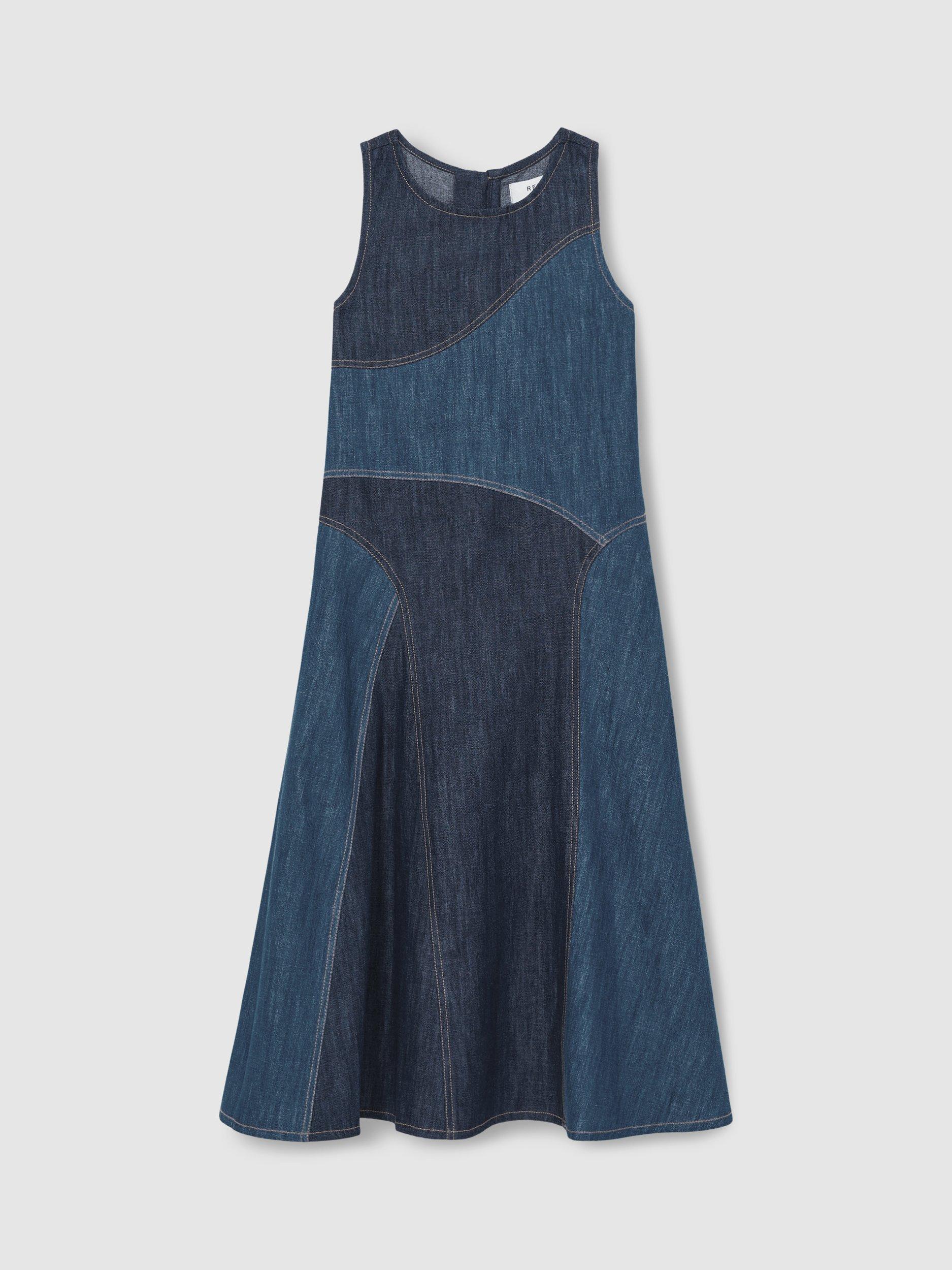 Reiss Kids' Wilder Denim Patchwork Wash Flared Dress, Blue