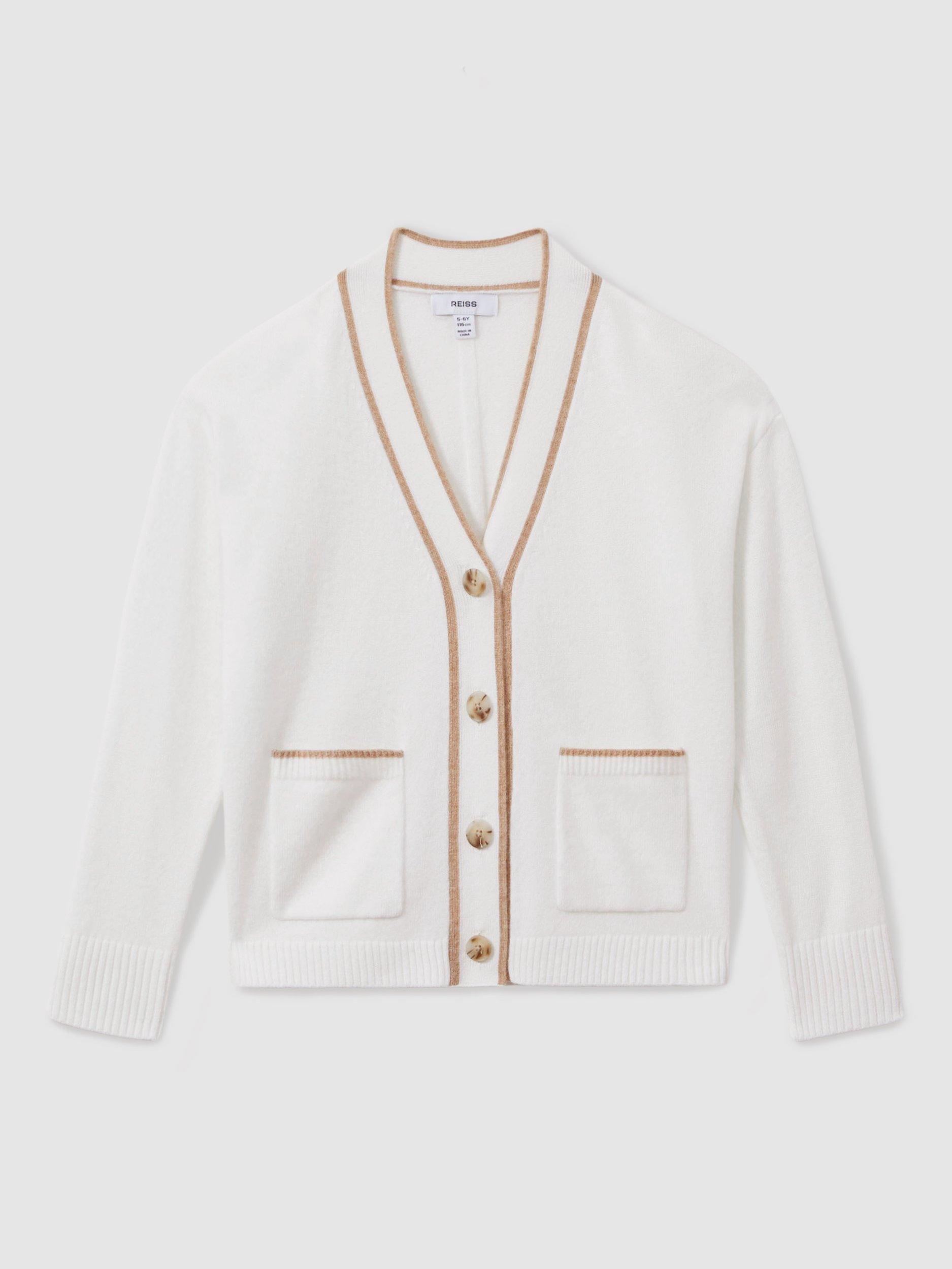 Product image 1 of 4, which shows Reiss Kids' Juni Wool Cashmere V-Neck Cardigan, Cream/Camel, 4-5 years