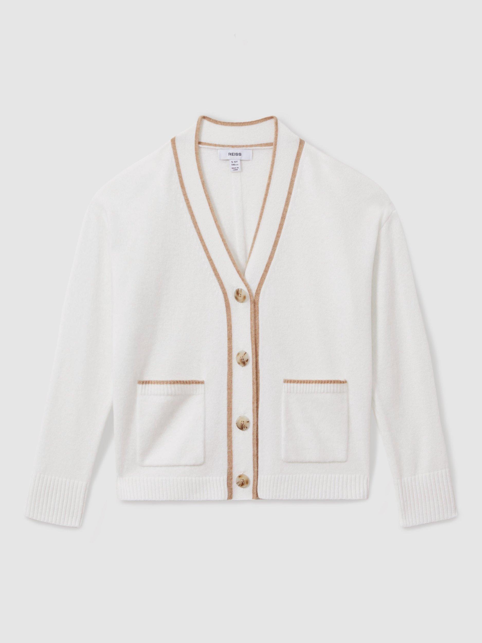 Product image 2 of 4, which shows Reiss Kids' Juni Wool Cashmere V-Neck Cardigan, Cream/Camel, 4-5 years