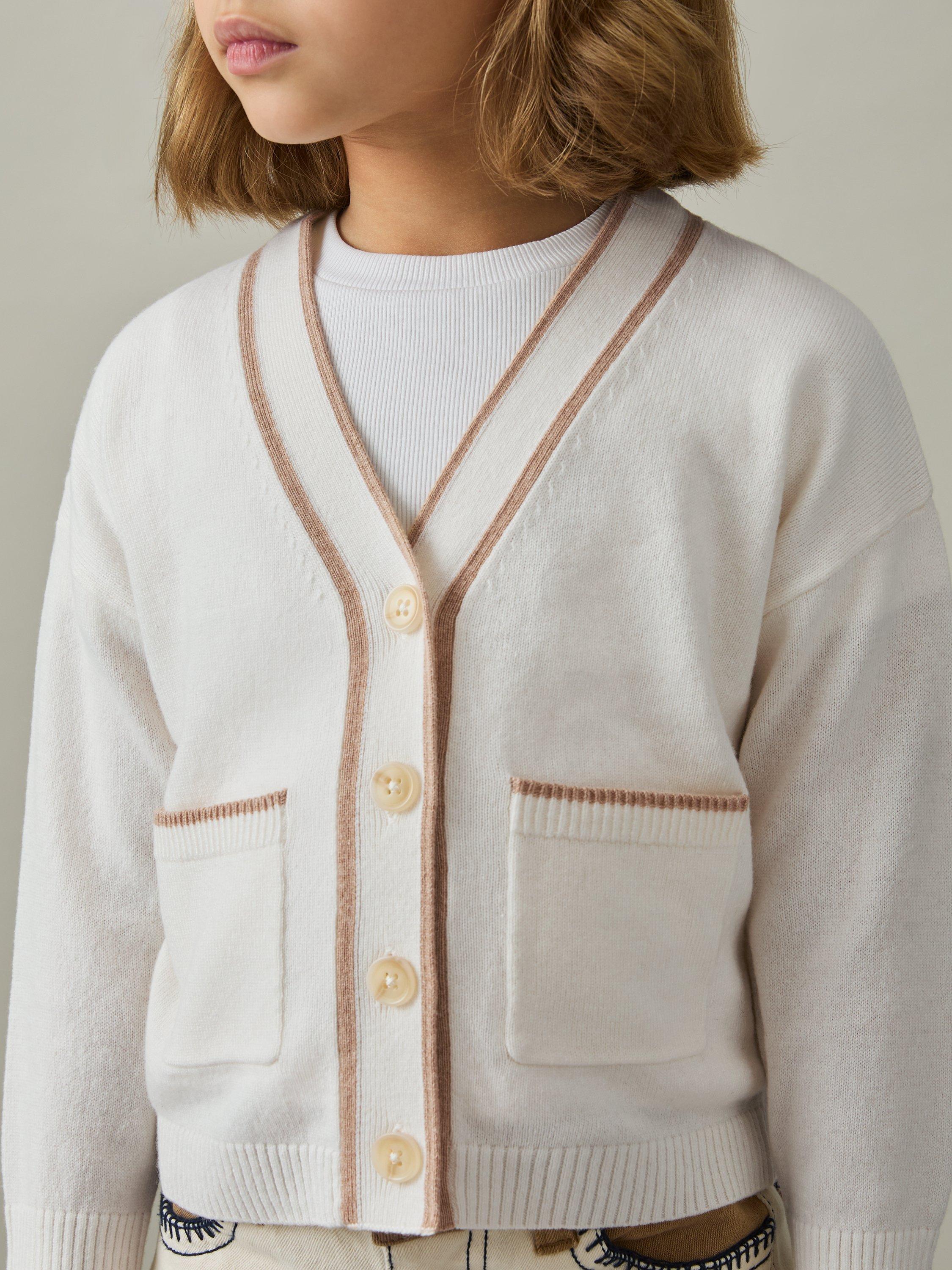 Product image 3 of 4, which shows Reiss Kids' Juni Wool Cashmere V-Neck Cardigan, Cream/Camel, 4-5 years