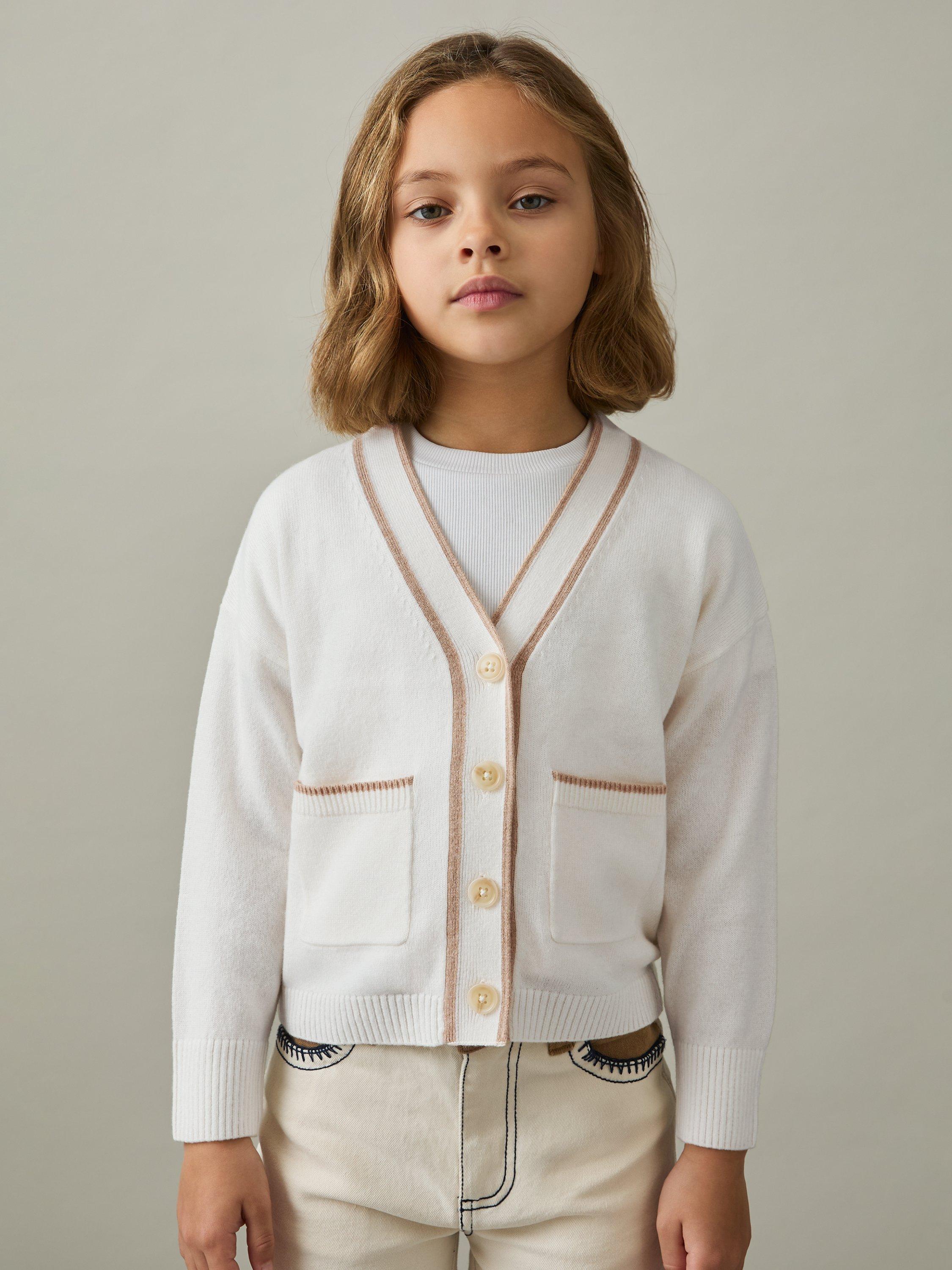 Product image 4 of 4, which shows Reiss Kids' Juni Wool Cashmere V-Neck Cardigan, Cream/Camel, 4-5 years